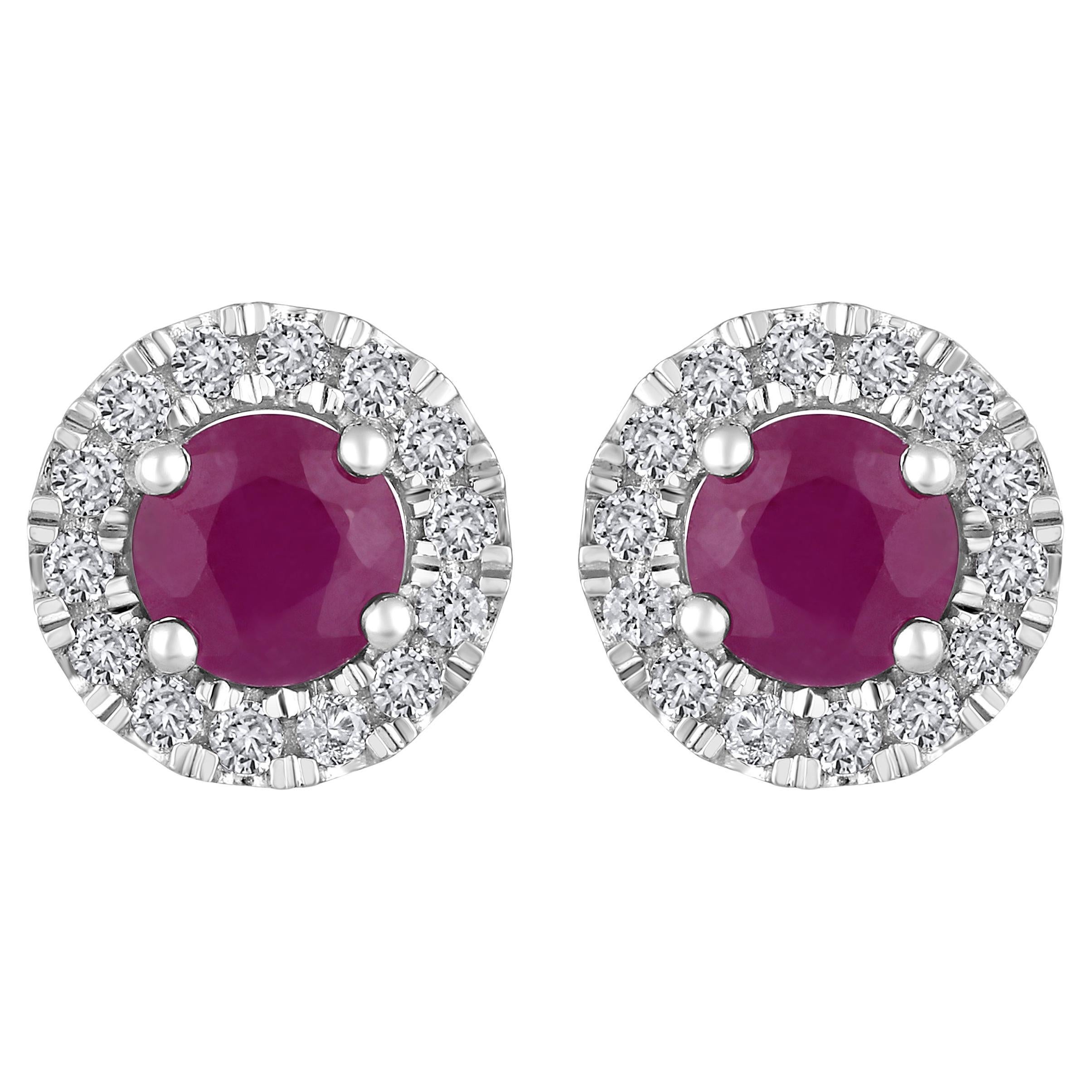 Certified 14K Gold 1.14ct Natural Diamond w/ Ruby Round Halo Stud Earrings For Sale