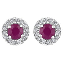 Used Certified 14K Gold 1.14ct Natural Diamond w/ Ruby Round Halo Stud Earrings
