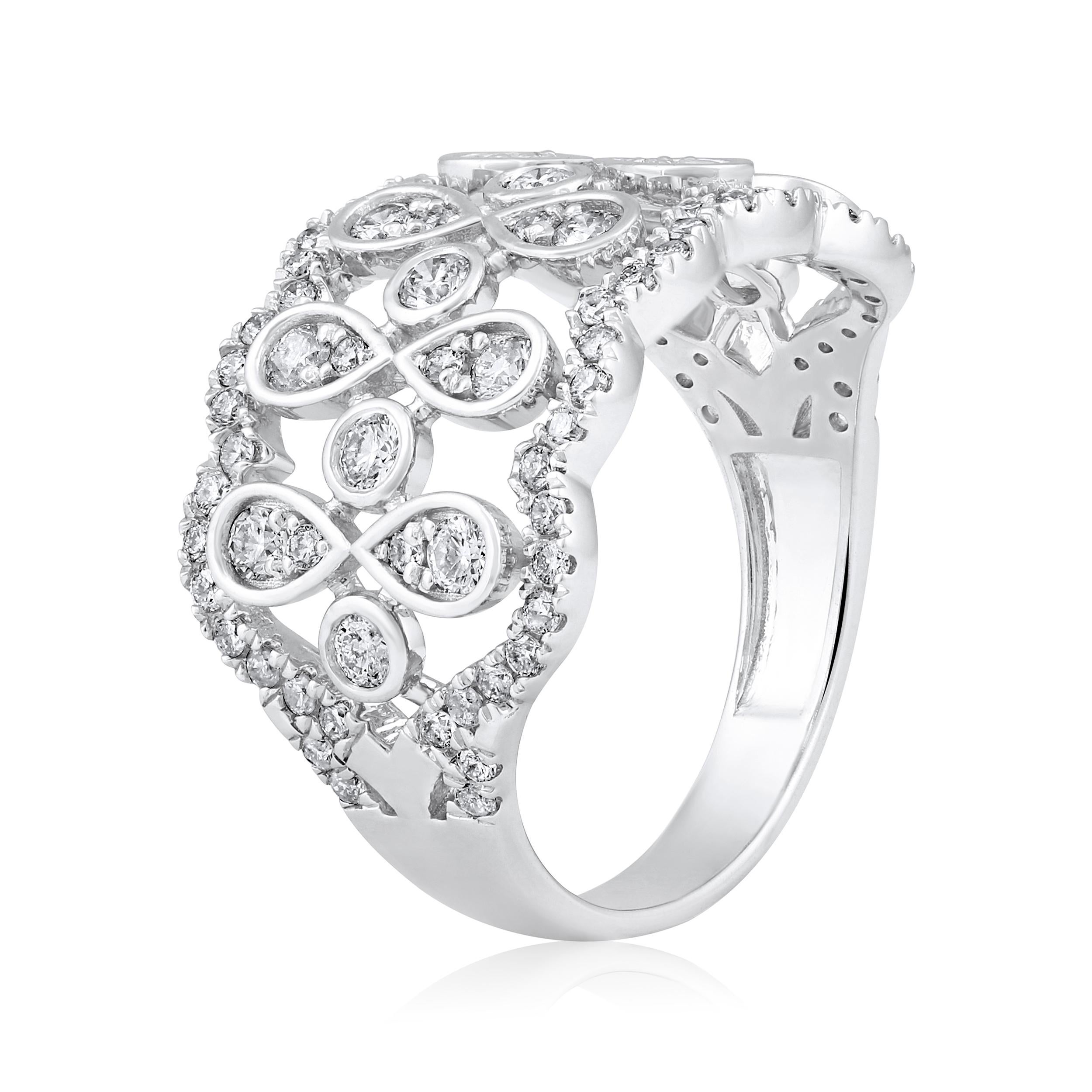 Ring Size: US 8 

Crafted in 5.65 grams of 14K White Gold, the ring contains 89 stones of Round Diamonds with a total of 1.15 carat in F-G color and I1-I2 clarity.

CONTEMPORARY AND TIMELESS ESSENCE: Crafted in 14-karat/18-karat with 100% natural
