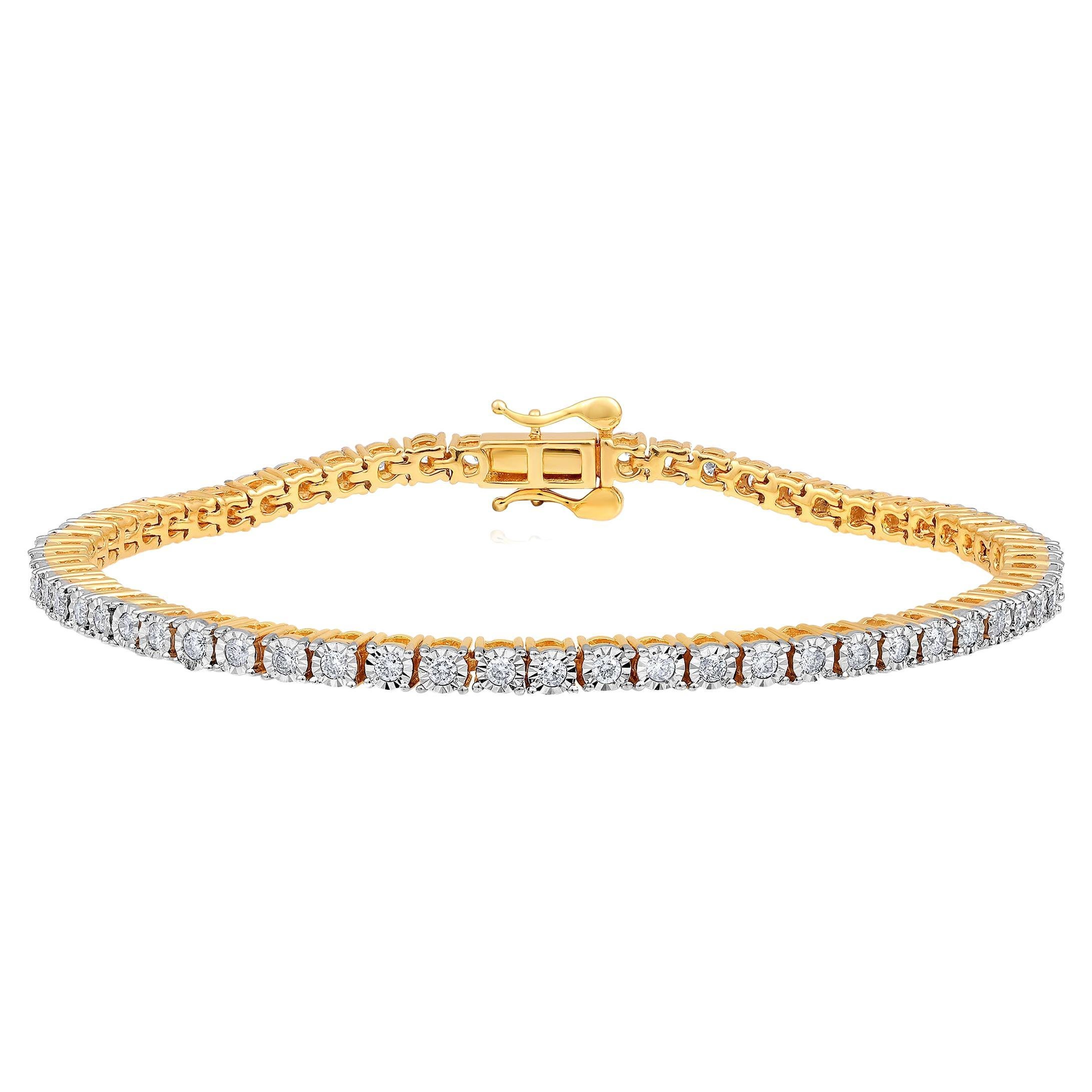 Certified 14k Gold 1.1 Carat Natural Diamond Illusion Plates Tennis Wed Bracelet For Sale
