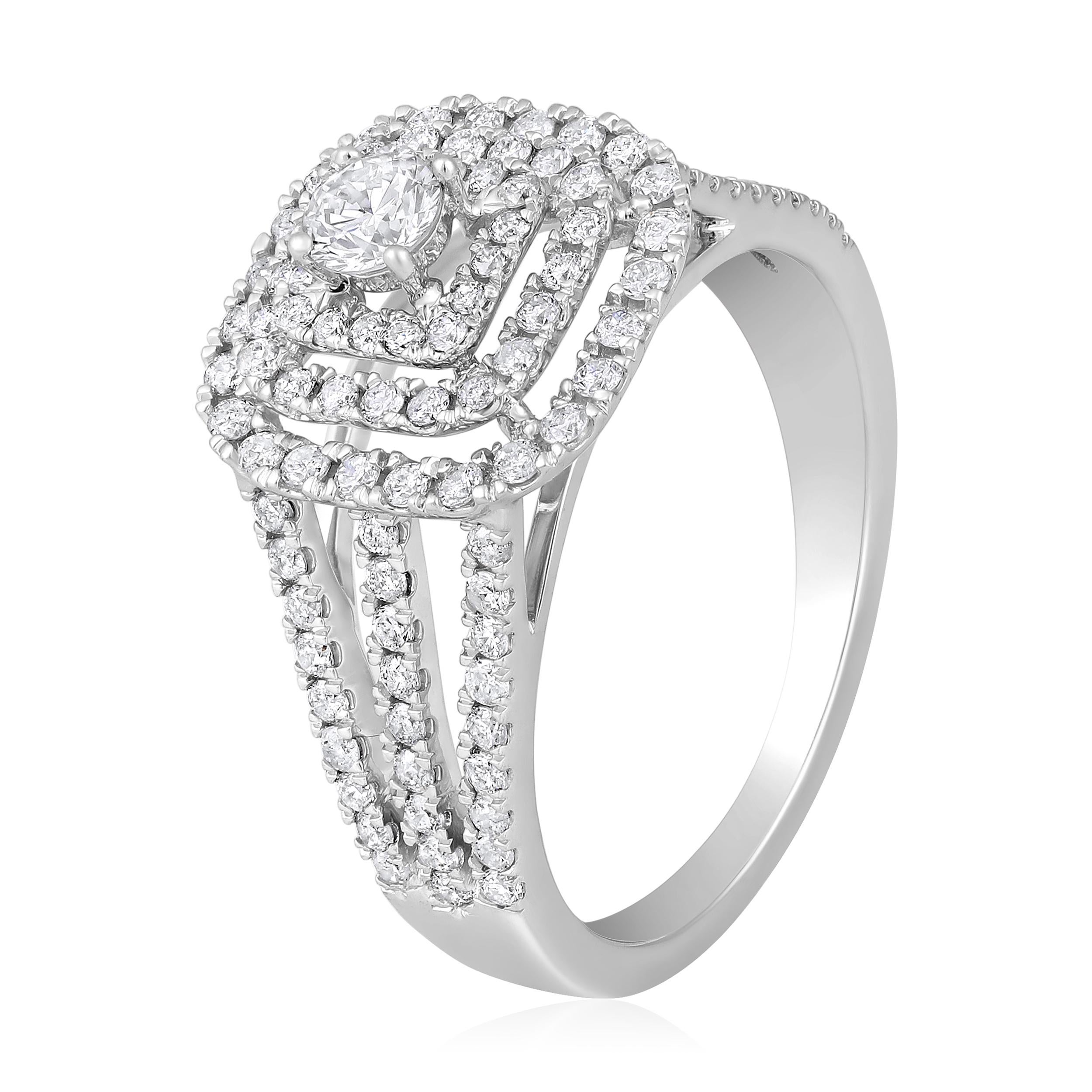 Ring Size: US 7

Crafted in 4.11 grams of 14K White Gold, the ring contains 114 stones of Round Natural Diamonds with a total of 0.87 carat in G-H color and I1-I2 clarity combined with 1 stone of Round Solitaire Natural Diamond with a total of 0.19