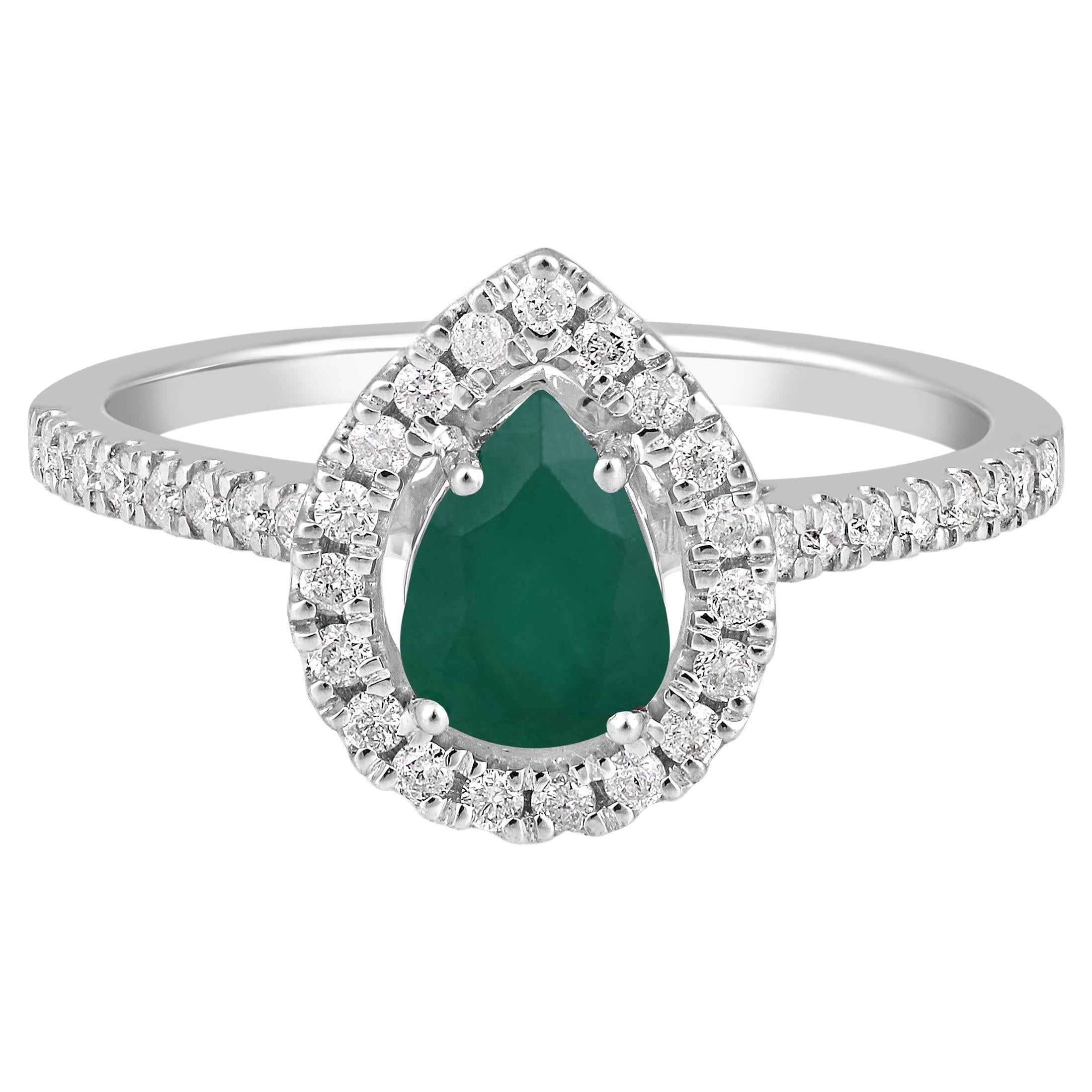 Certified 14K Gold 1.1ct Natural Diamond w/ Emerald Pear Solitaire Halo Ring For Sale