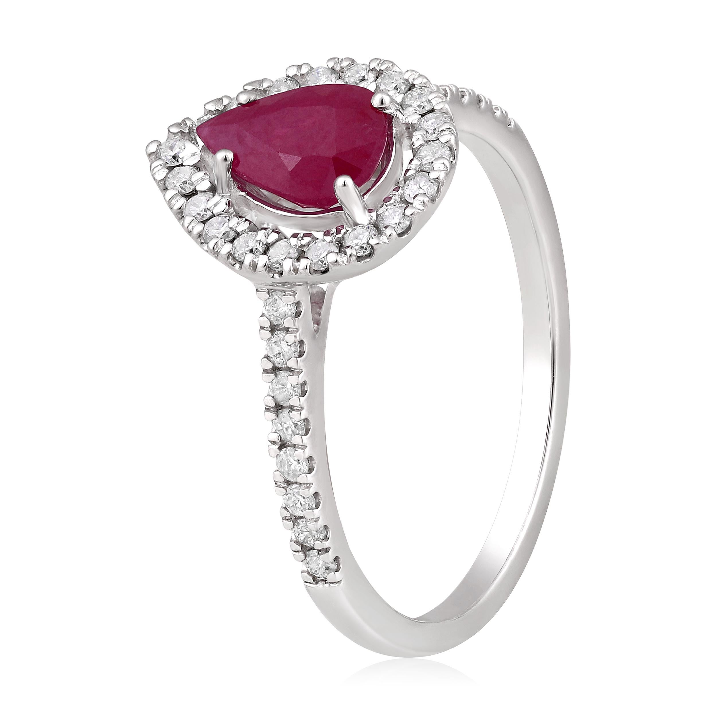 Contemporary Certified 14K Gold 1.24ct Natural Diamond w/ Ruby Pear Solitaire Halo Ring For Sale