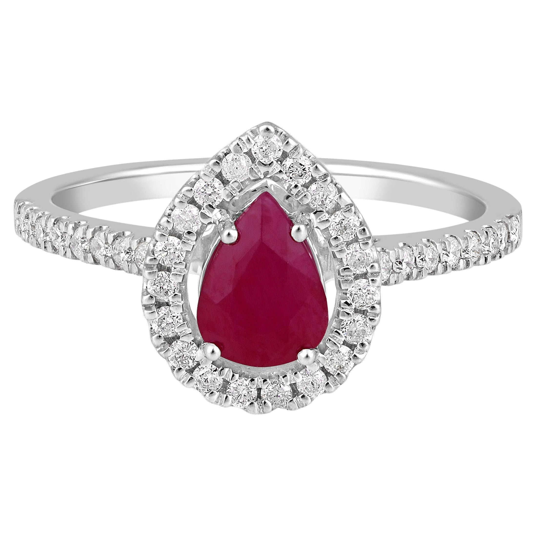 Certified 14K Gold 1.24ct Natural Diamond w/ Ruby Pear Solitaire Halo Ring For Sale