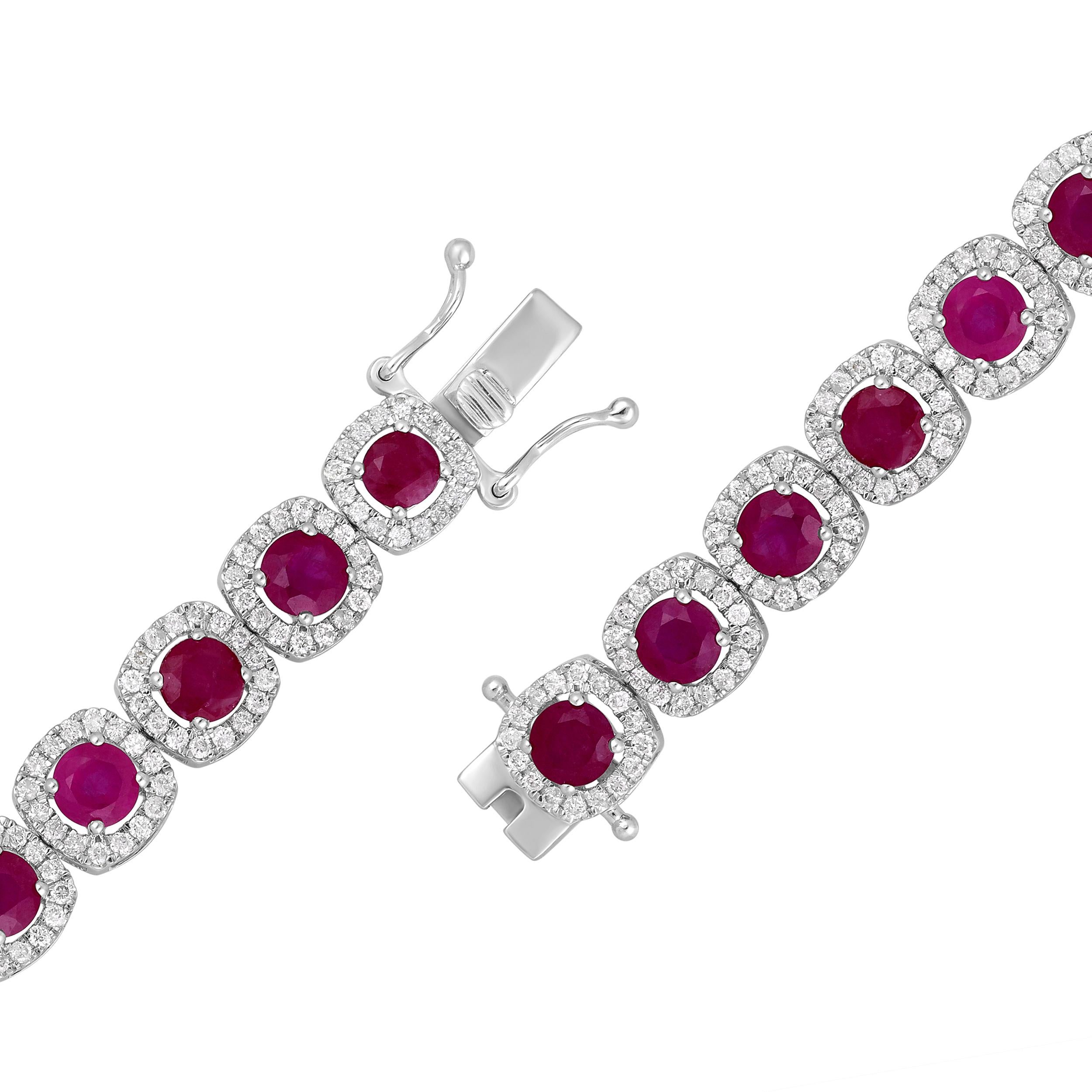 Contemporary Certified 14K Gold 13.1ct Natural Diamond G-I1 w/ Ruby Cushion Tennis Bracelet For Sale