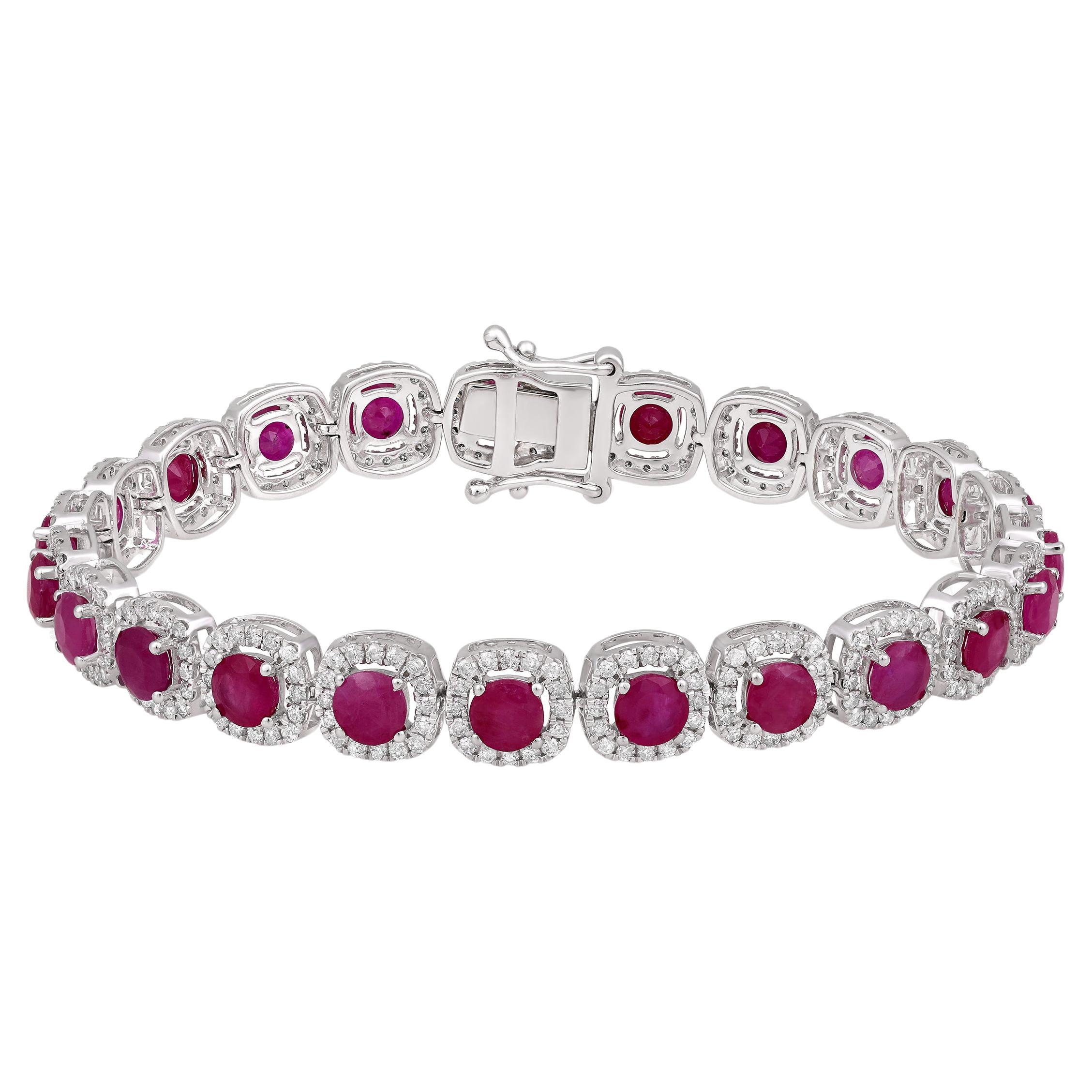 Certified 14K Gold 13.1ct Natural Diamond G-I1 w/ Ruby Cushion Tennis Bracelet For Sale