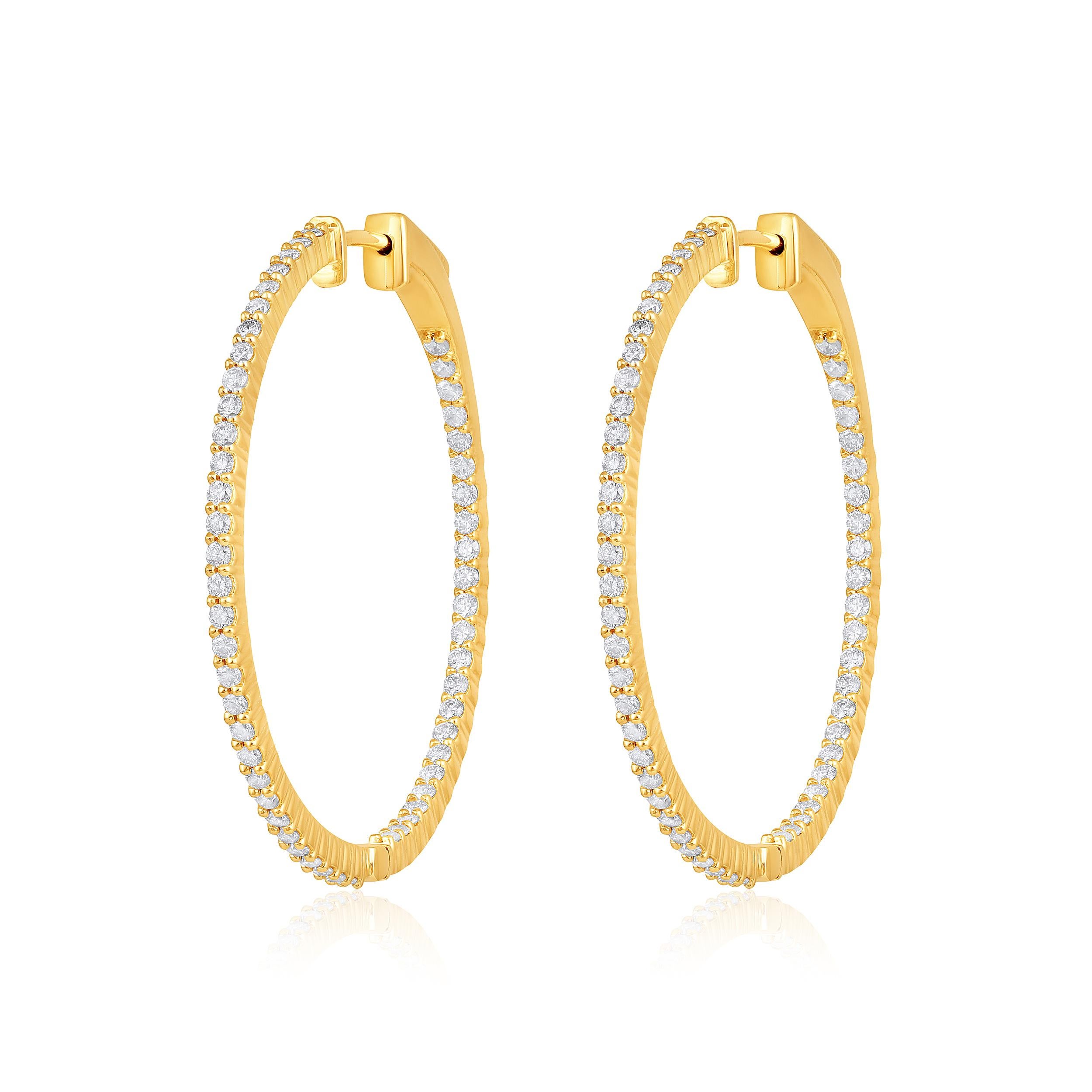Contemporary Certified 14k Gold 1.35 Carat Natural Diamond Round Inside Out Hoop Earrings For Sale