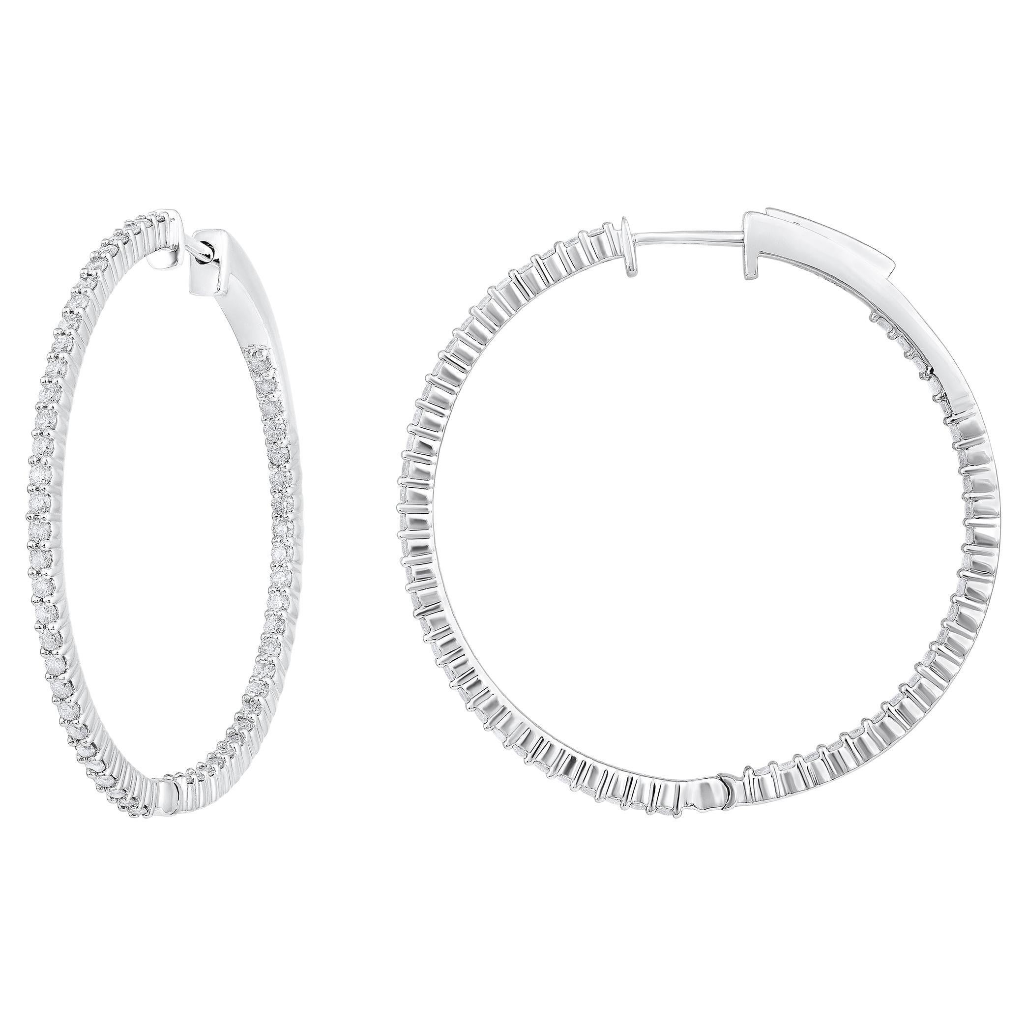 Certified 14k Gold 1.36 Carat Natural Diamond Round Inside Out Hoop Earrings For Sale