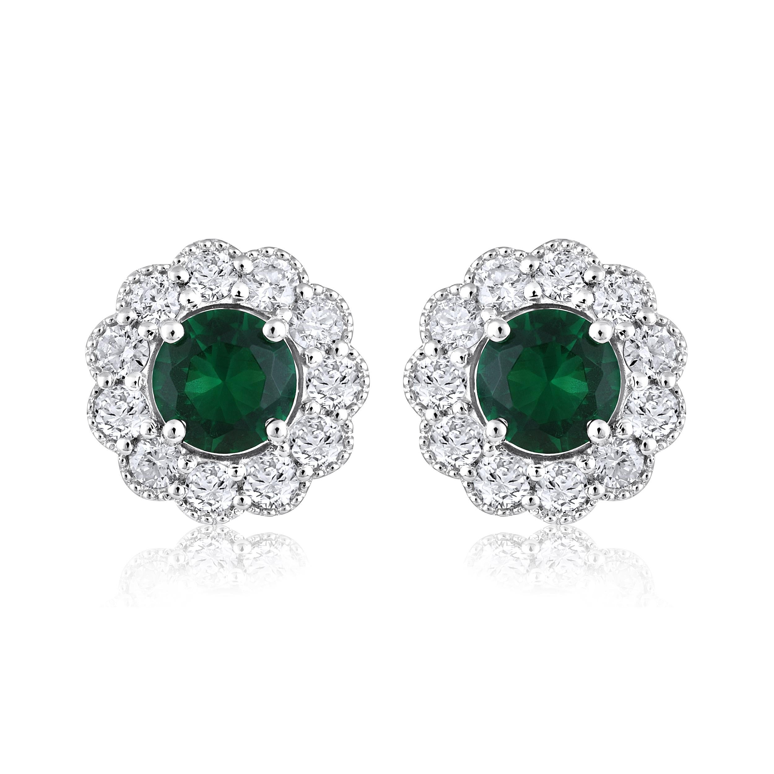 Contemporary Certified 14k Gold 1.36ct Natural Diamond w/ Lab Emerald Round Stud Earrings For Sale
