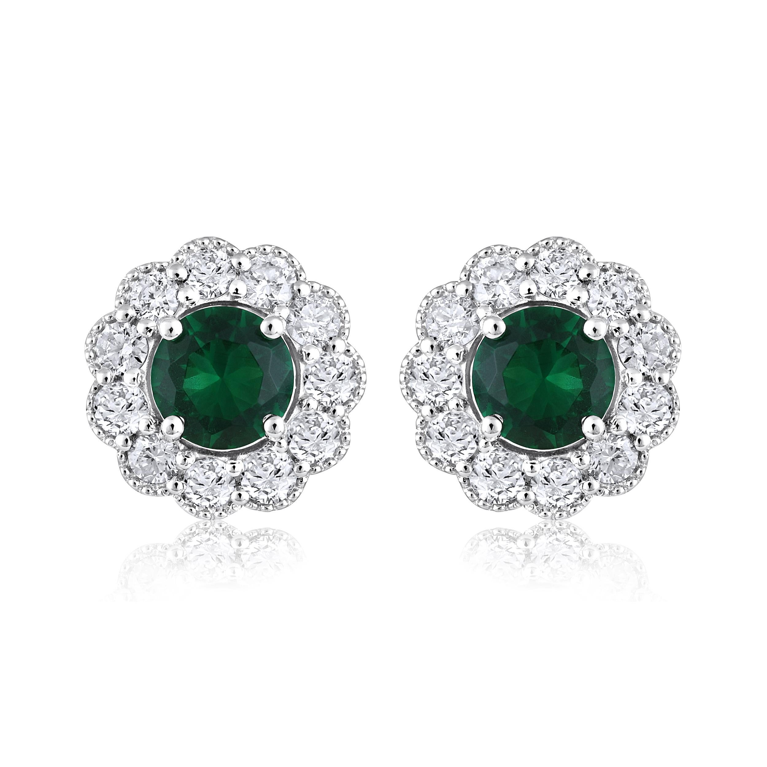 Contemporary Certified 14k Gold 1.36ct Natural Diamond w/ Lab Emerald Round Stud Earrings For Sale