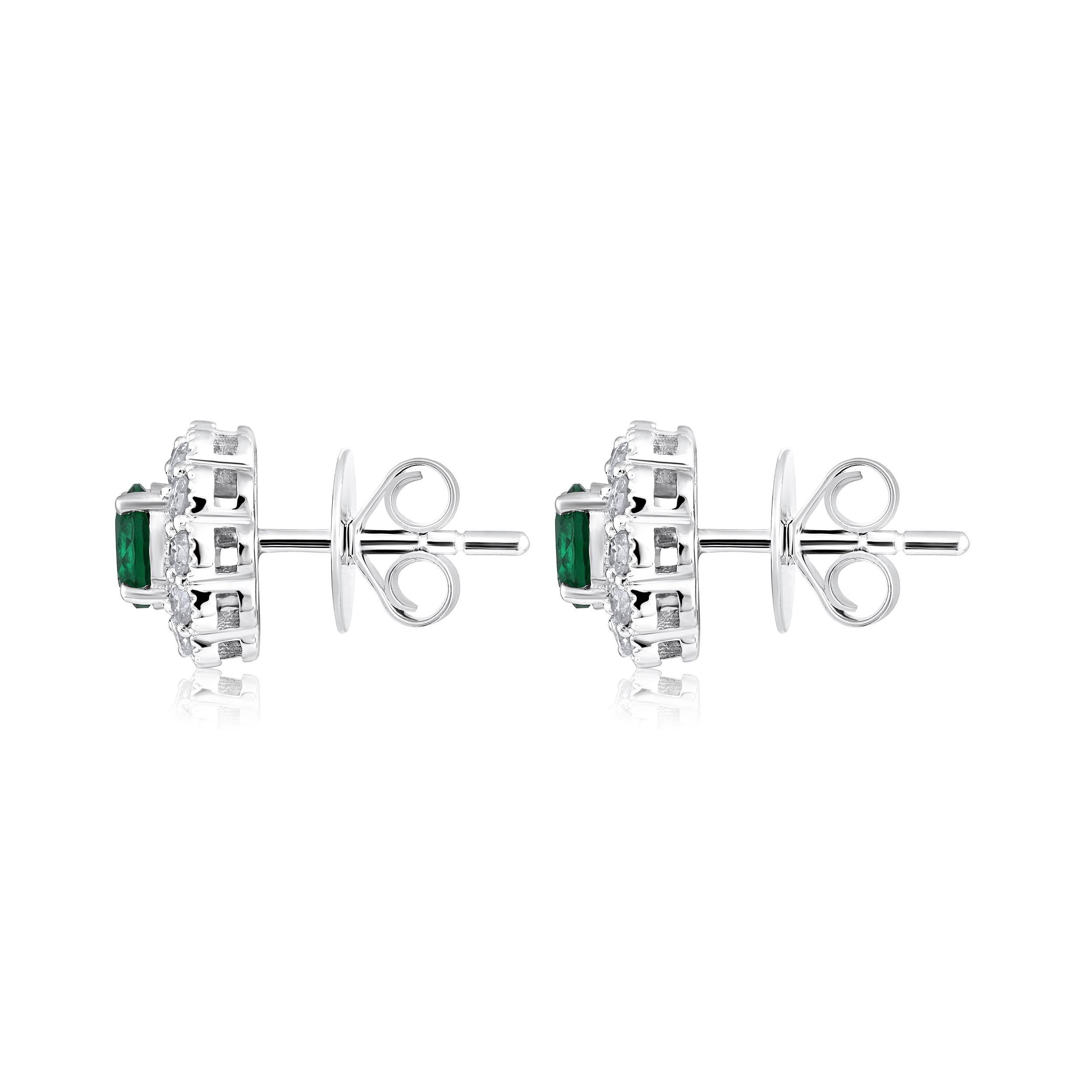 Brilliant Cut Certified 14k Gold 1.36ct Natural Diamond w/ Lab Emerald Round Stud Earrings For Sale