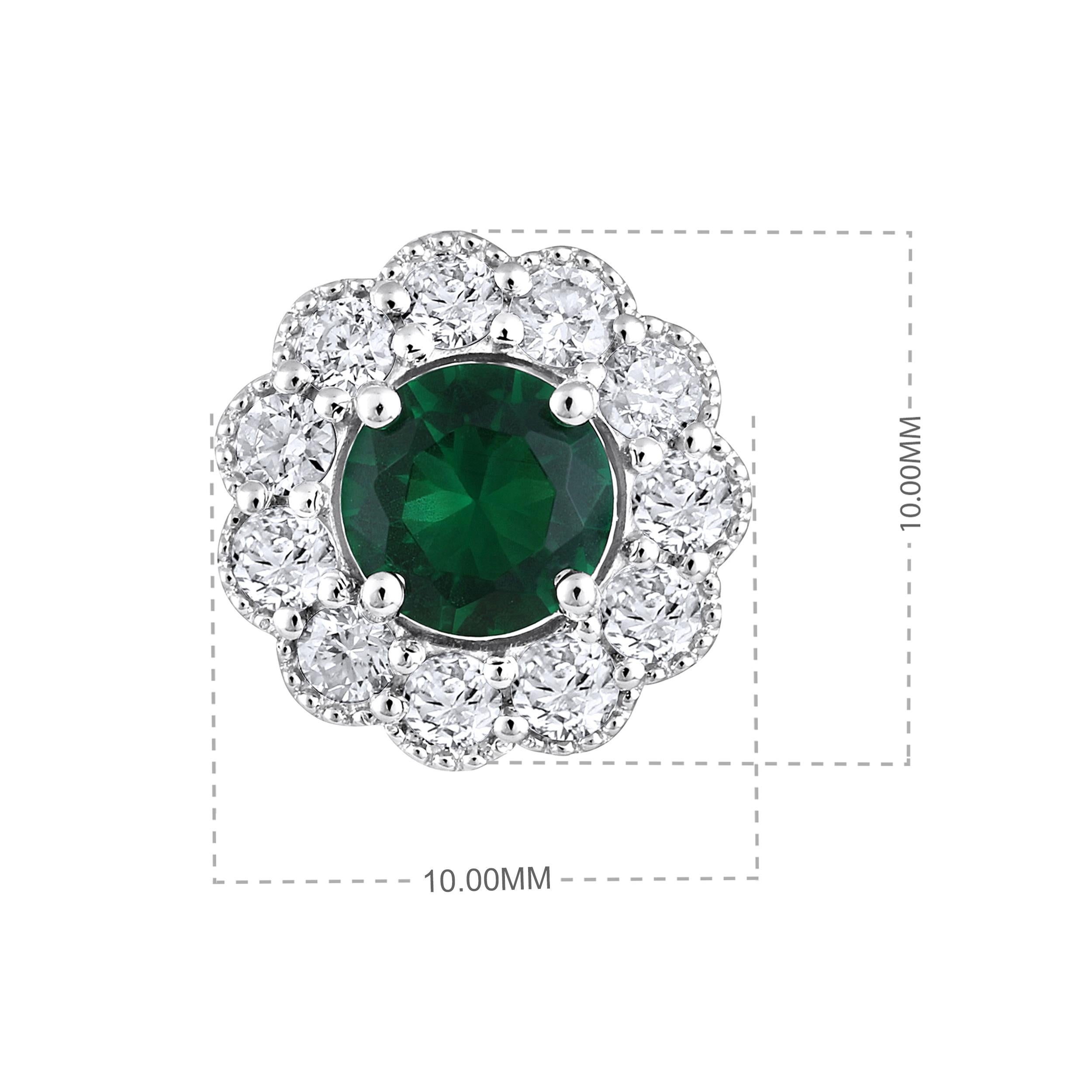 Certified 14k Gold 1.36ct Natural Diamond w/ Lab Emerald Round Stud Earrings In New Condition For Sale In Los Angeles, CA