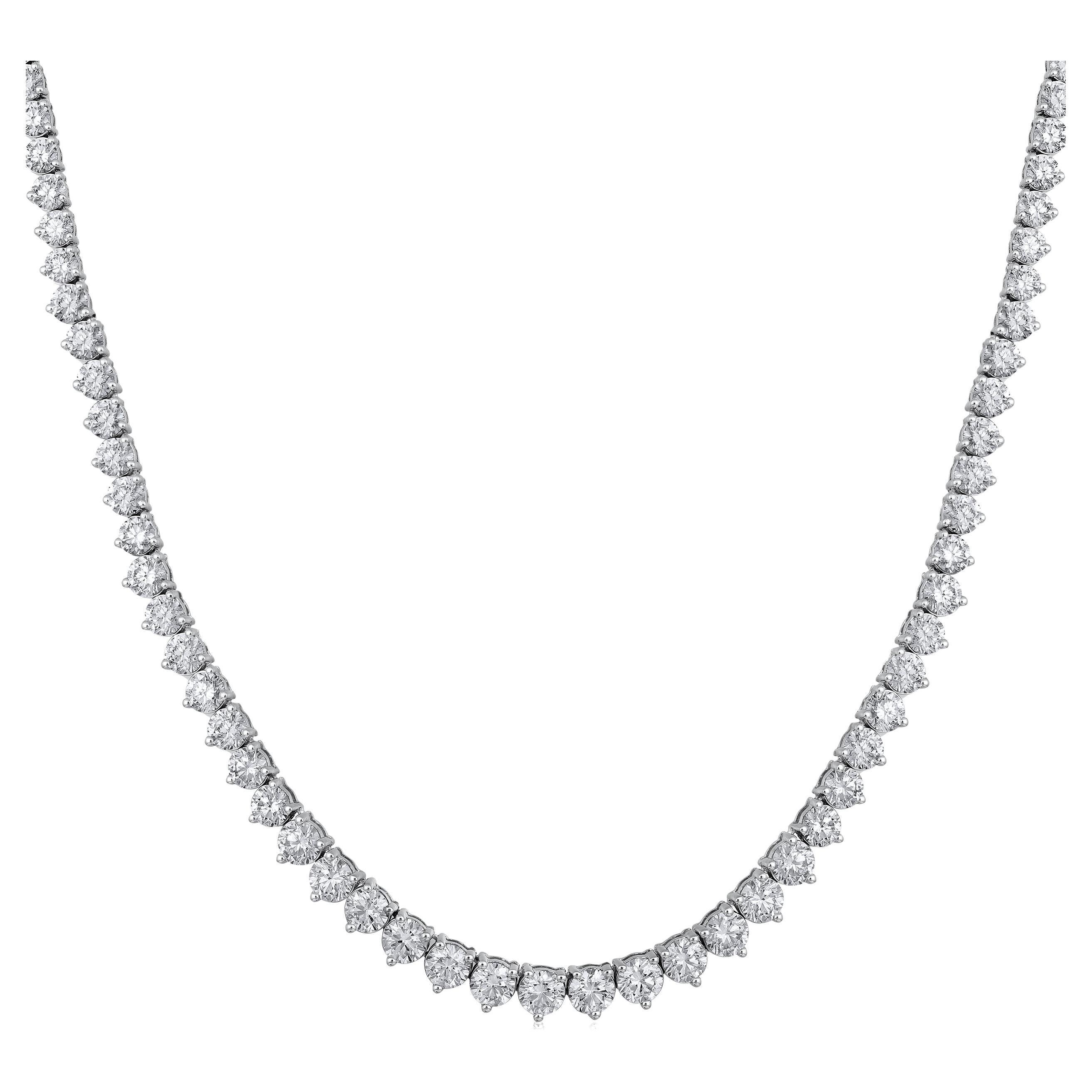 Certified 14k Gold 14.5ct Natural Diamond Graduated 3 Prong Tennis Wed Necklace For Sale