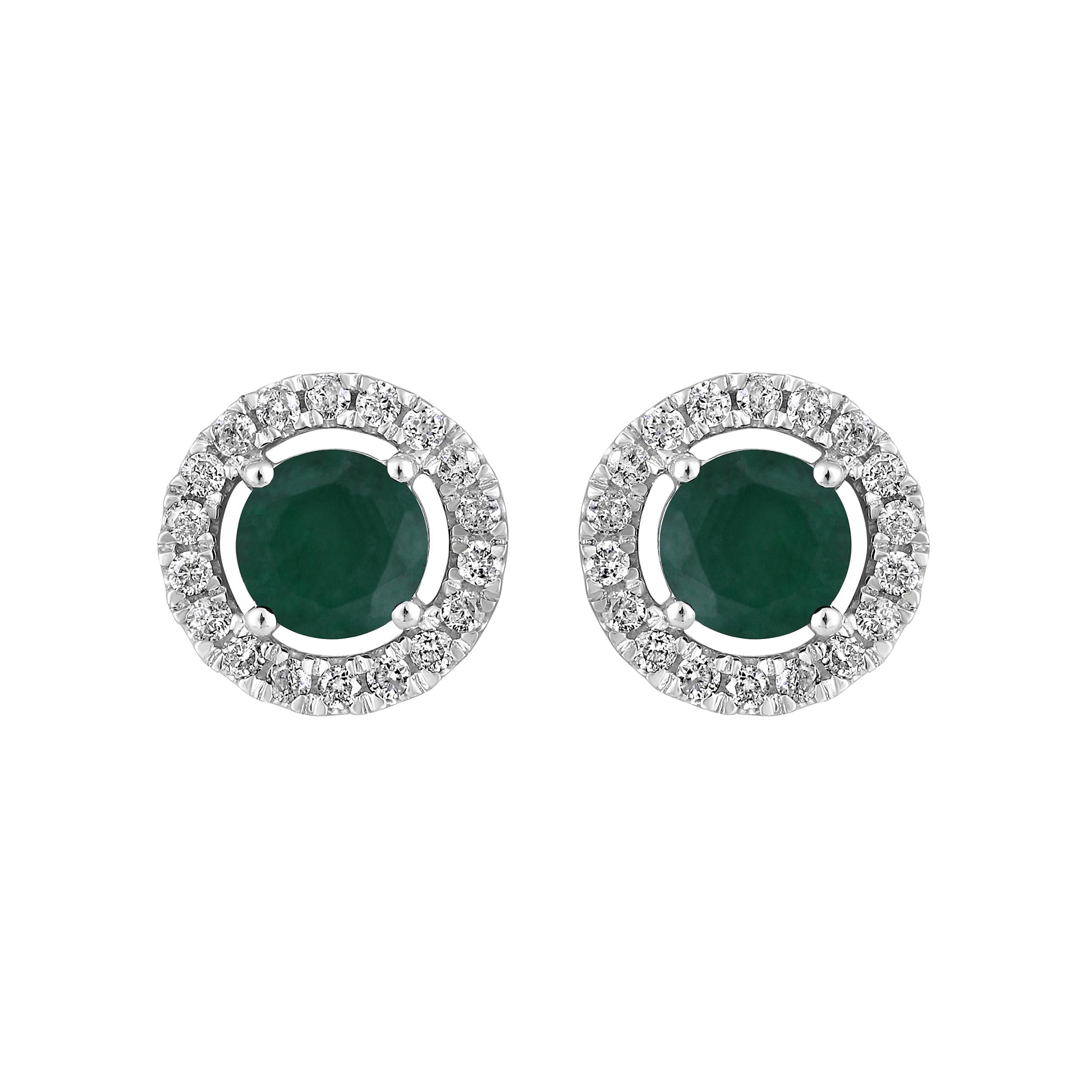 Brilliant Cut Certified 14K Gold 1.4ct Natural Diamond F-I1 w/ Emerald Round Stud Earrings For Sale