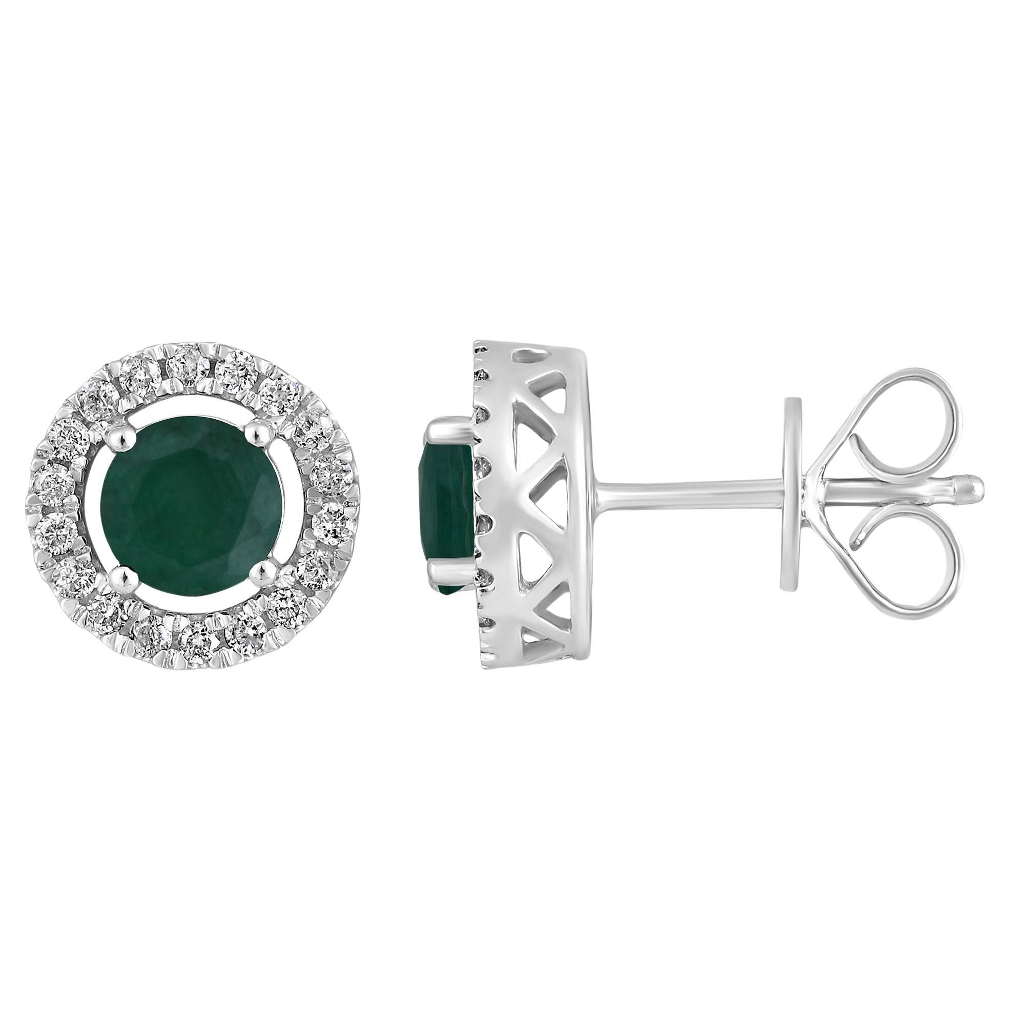Certified 14K Gold 1.4ct Natural Diamond F-I1 w/ Emerald Round Stud Earrings For Sale