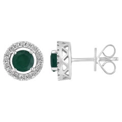 Certified 14K Gold 1.4ct Natural Diamond F-I1 w/ Emerald Round Stud Earrings