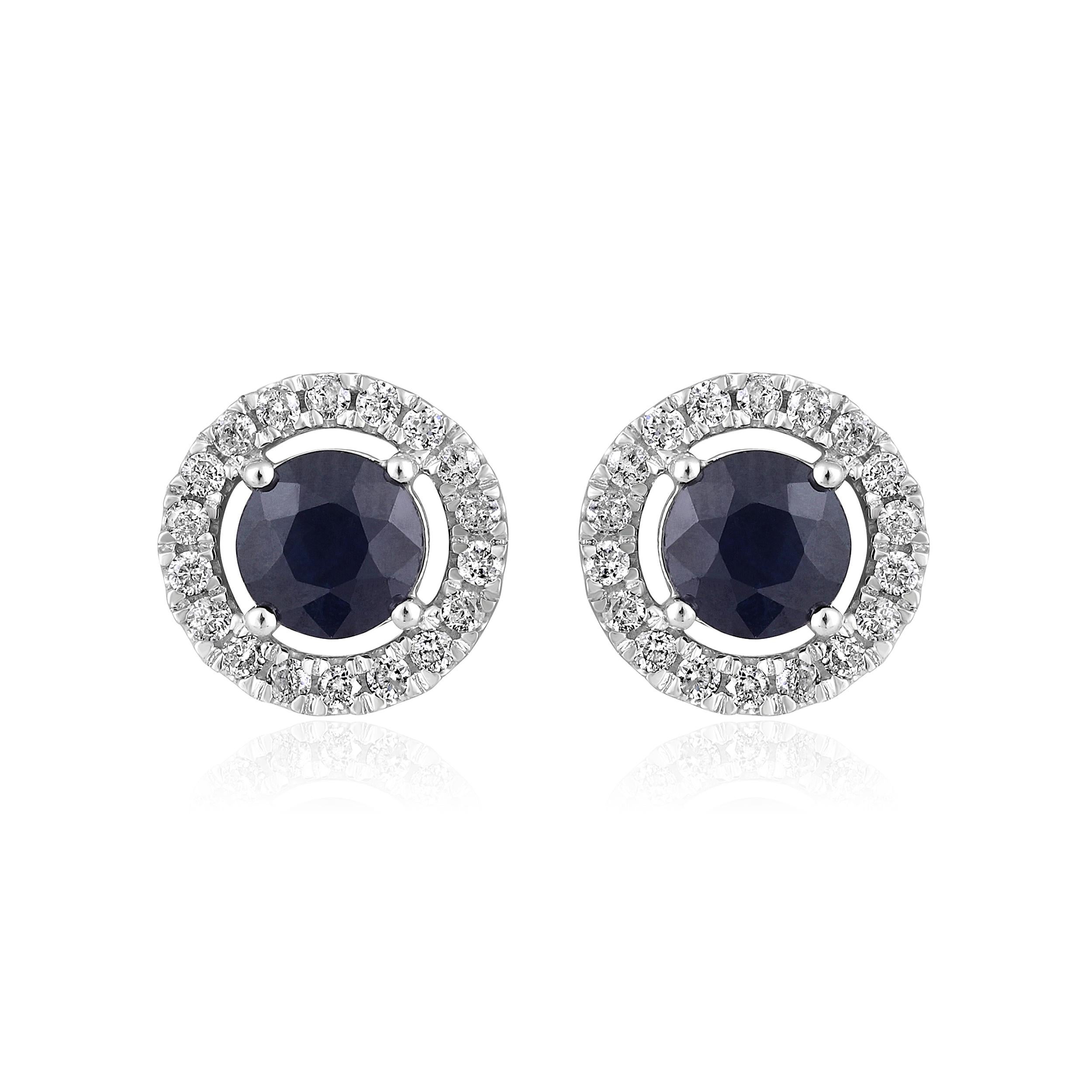 Brilliant Cut Certified 14K Gold 1.5ct Natural Diamond w/ Sapphire Round Halo Stud Earrings For Sale