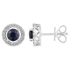 Used Certified 14K Gold 1.5ct Natural Diamond w/ Sapphire Round Halo Stud Earrings