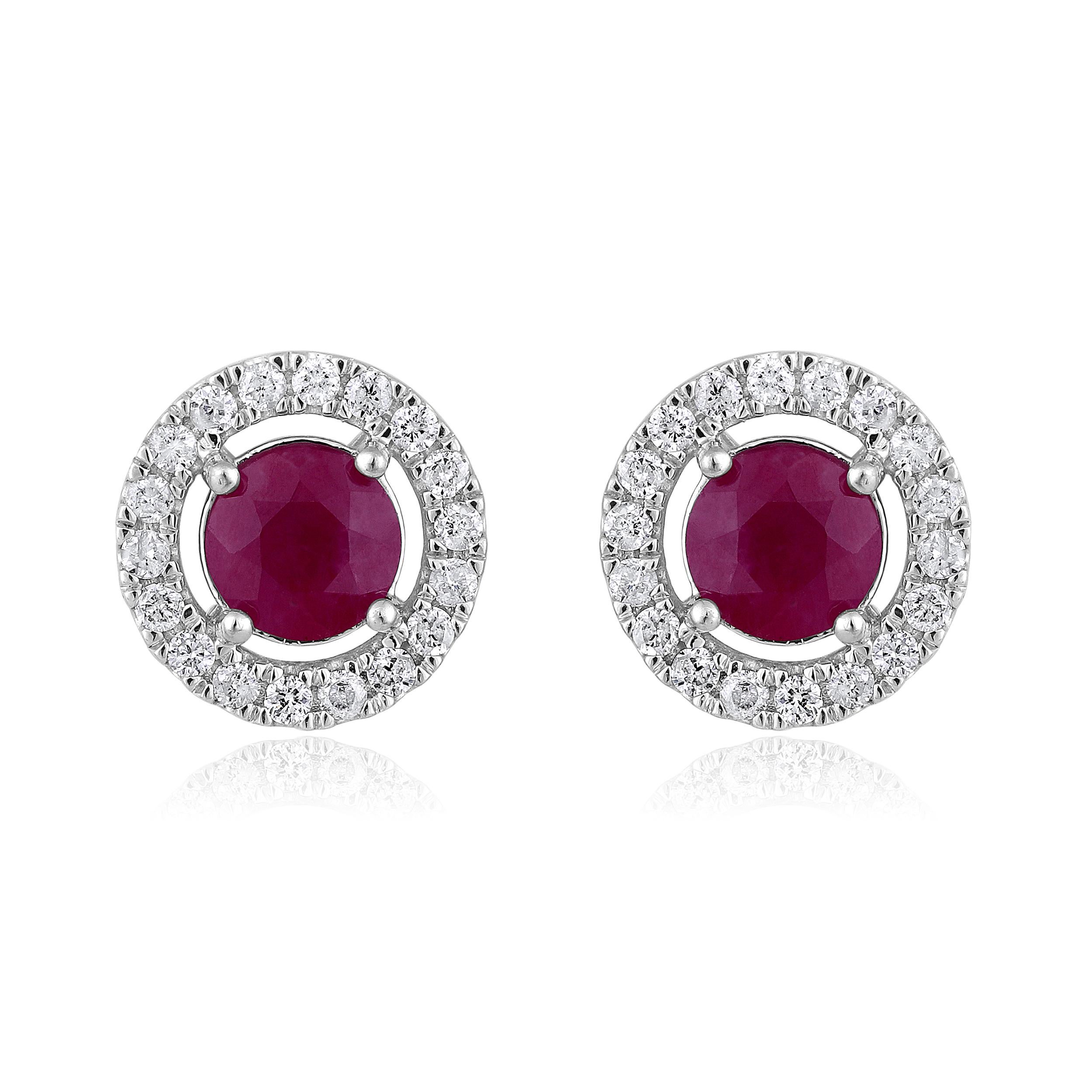 Contemporary Certified 14K Gold 1.6ct Natural Diamond w/ Ruby Round Halo Stud Earrings For Sale