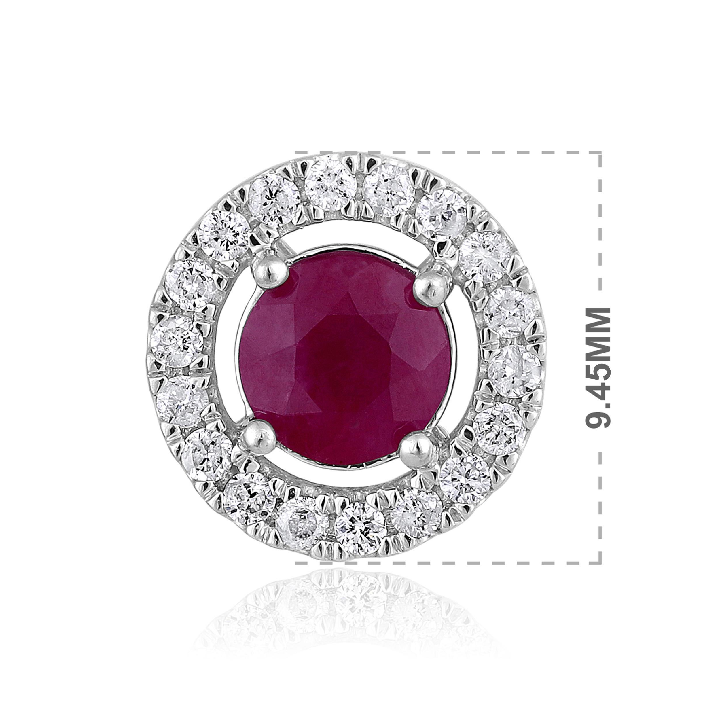 Certified 14K Gold 1.6ct Natural Diamond w/ Ruby Round Halo Stud Earrings In New Condition For Sale In Los Angeles, CA