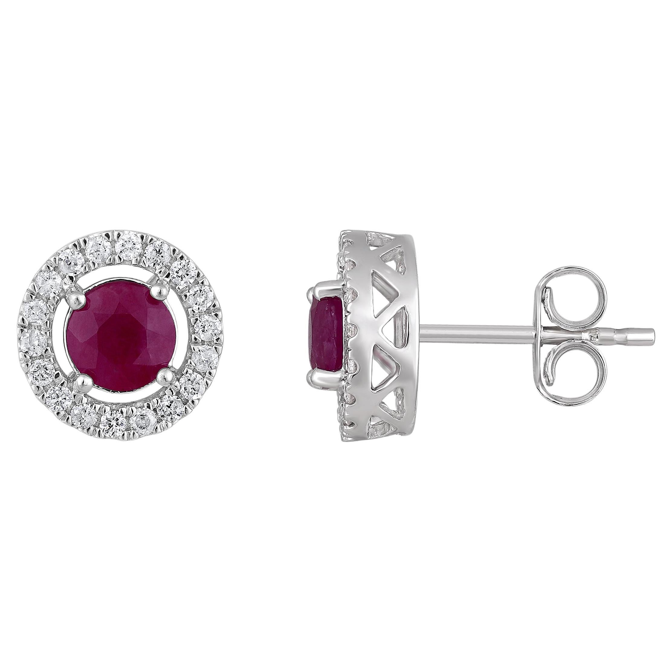 Certified 14K Gold 1.6ct Natural Diamond w/ Ruby Round Halo Stud Earrings For Sale
