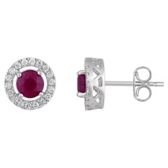 Certified 14K Gold 1.6ct Natural Diamond w/ Ruby Round Halo Stud Earrings