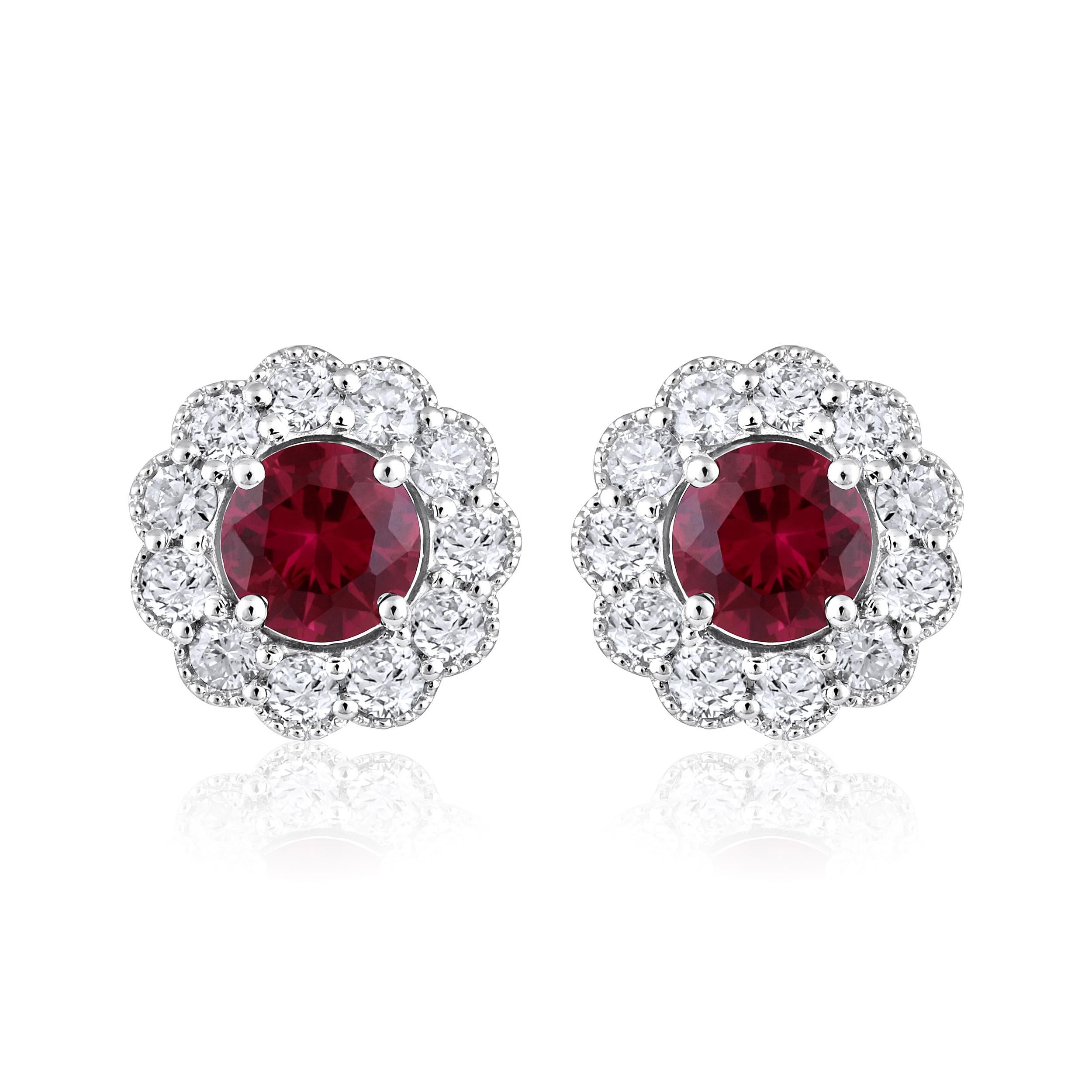 Contemporary Certified 14k Gold 1.8ct Natural Diamond W/ Lab Ruby Round Flower Stud Earrings For Sale