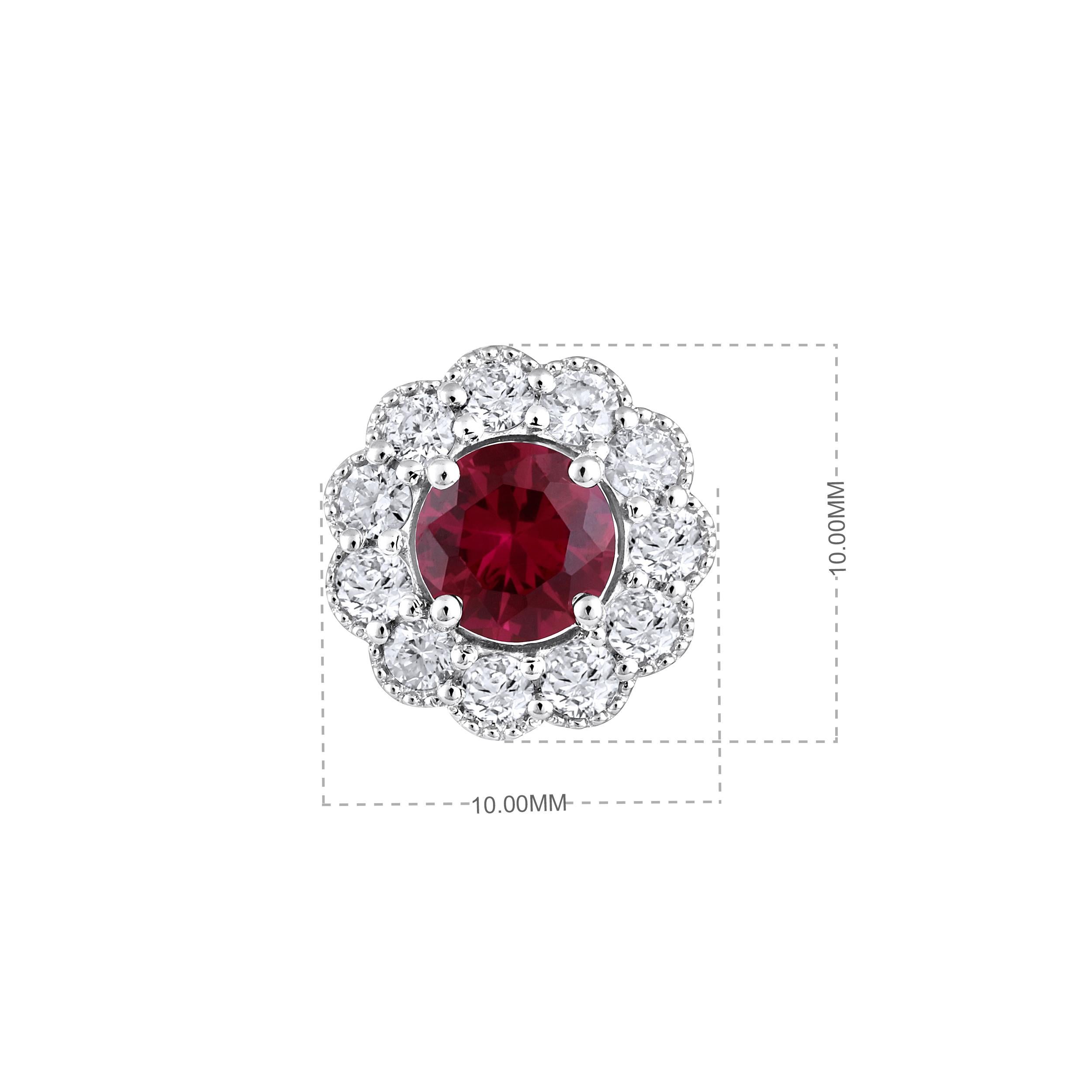 Certified 14k Gold 1.8ct Natural Diamond W/ Lab Ruby Round Flower Stud Earrings In New Condition For Sale In Los Angeles, CA