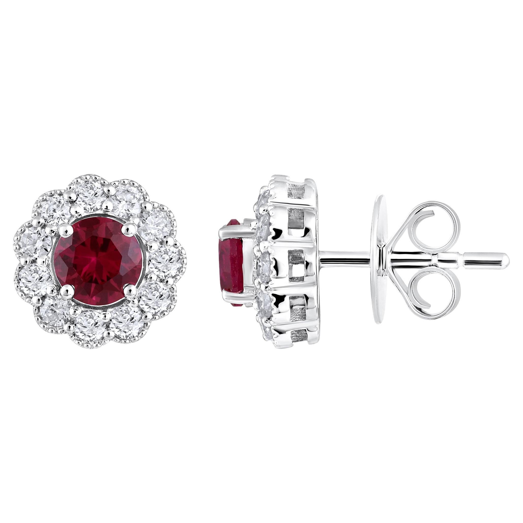 Certified 14k Gold 1.8ct Natural Diamond W/ Lab Ruby Round Flower Stud Earrings For Sale