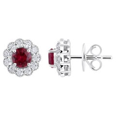 Certified 14k Gold 1.8ct Natural Diamond W/ Lab Ruby Round Flower Stud Earrings