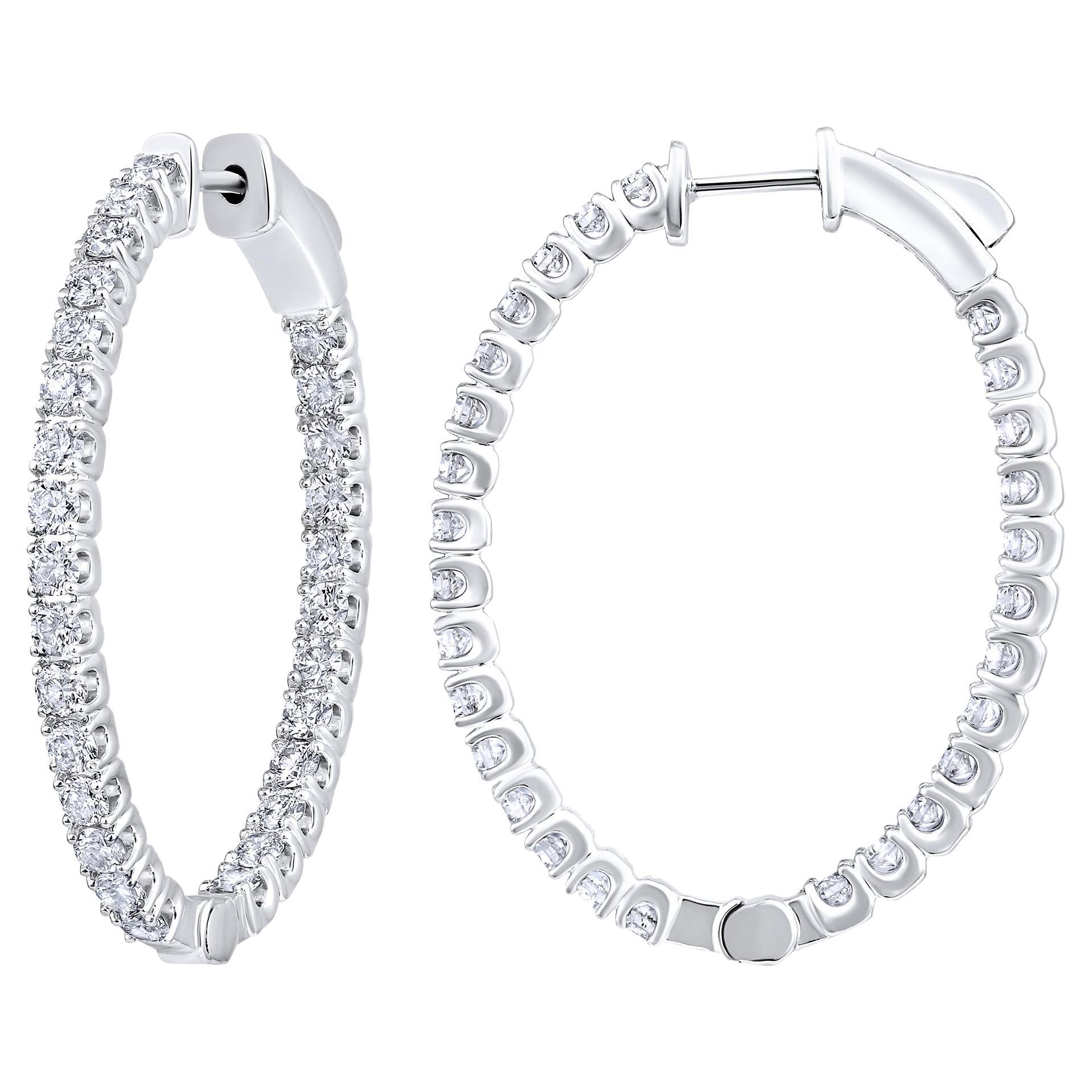 Certified 14k Gold 1.9 Carat Natural Diamond Oval Inside Out Hoop Earrings For Sale