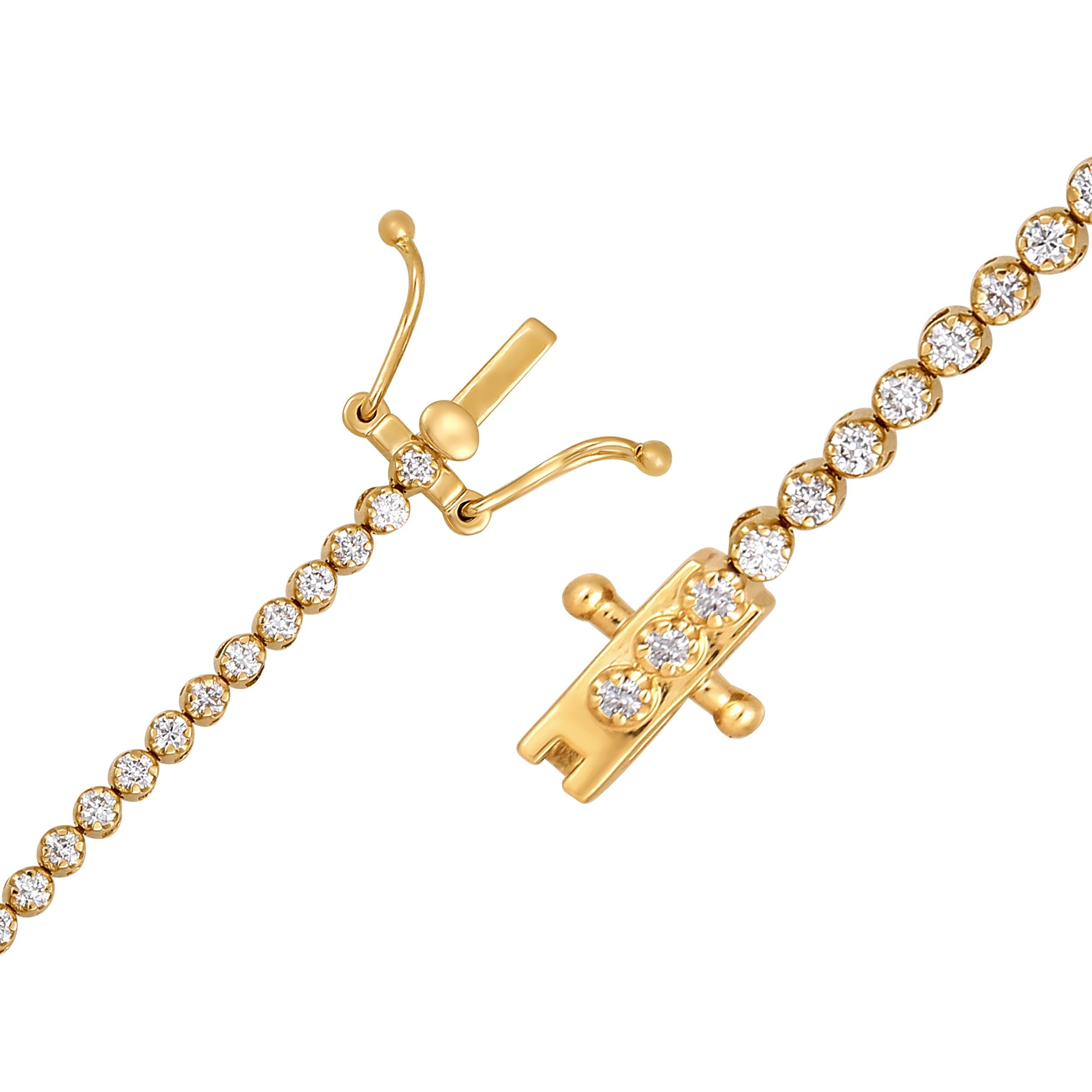 Crafted in 5.13 grams of 14K Yellow Gold, the bracelet contains 66 stones of Round Natural Diamonds with a total of 0.97 carat in F-G color and VS clarity. The bracelet length is 7 inches.

This jewelry piece will be expertly crafted by our skilled