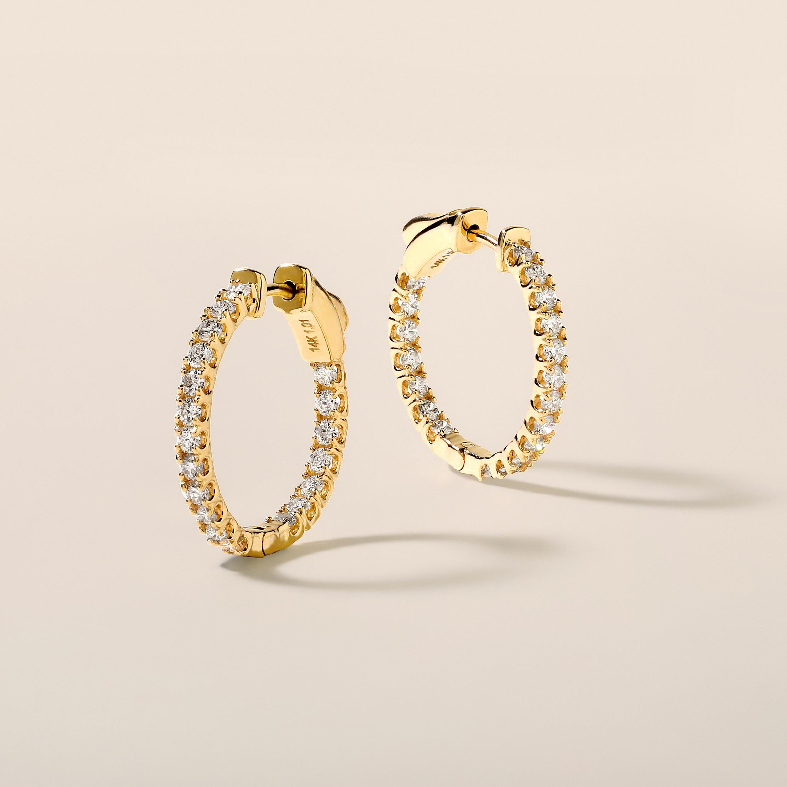 Crafted in 3.91 grams of 14K Yellow Gold, the earrings contain 38 stones of Round Natural Diamonds with a total of 1.01 carat in G-H color and SI clarity.

CONTEMPORARY AND TIMELESS ESSENCE: Crafted in 14-karat/18-karat with 100% natural diamond and