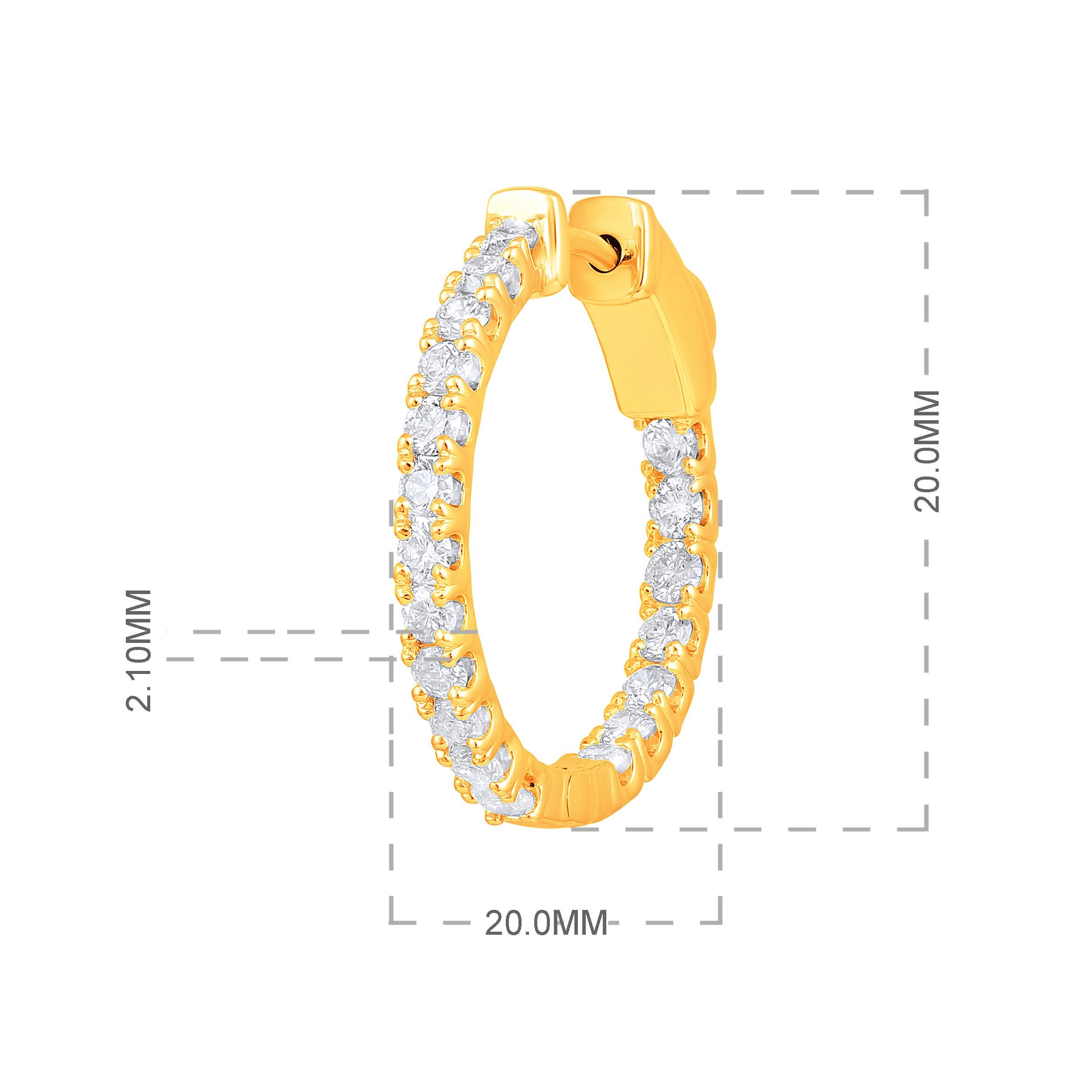 Certified 14K Gold 1ct Natural Diamond G-SI Round Inside Out 20mm Hoop Earrings In New Condition For Sale In Los Angeles, CA