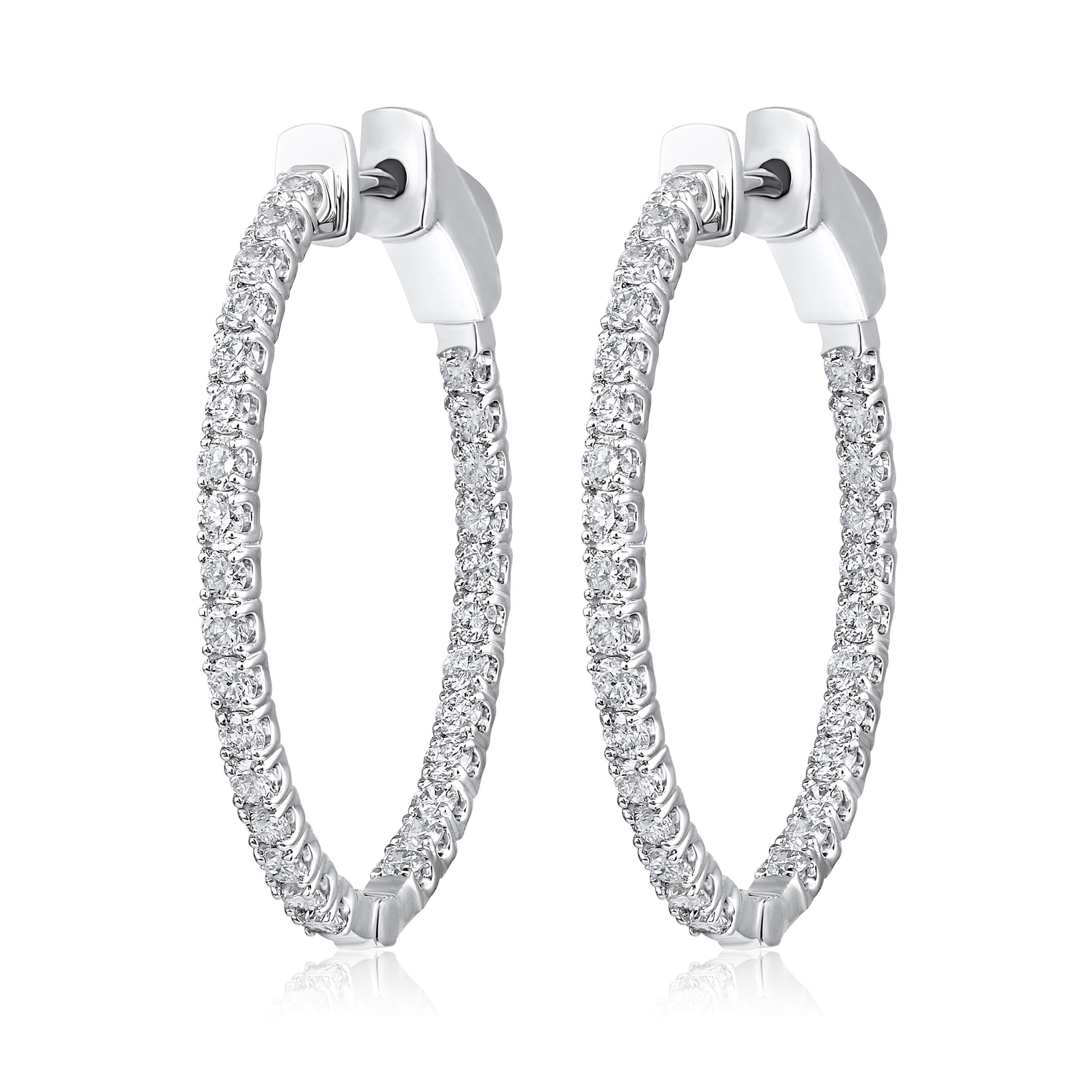 Contemporary Certified 14k Gold 1 Carat Natural Diamond Oval Inside Out Hoop White Earrings For Sale