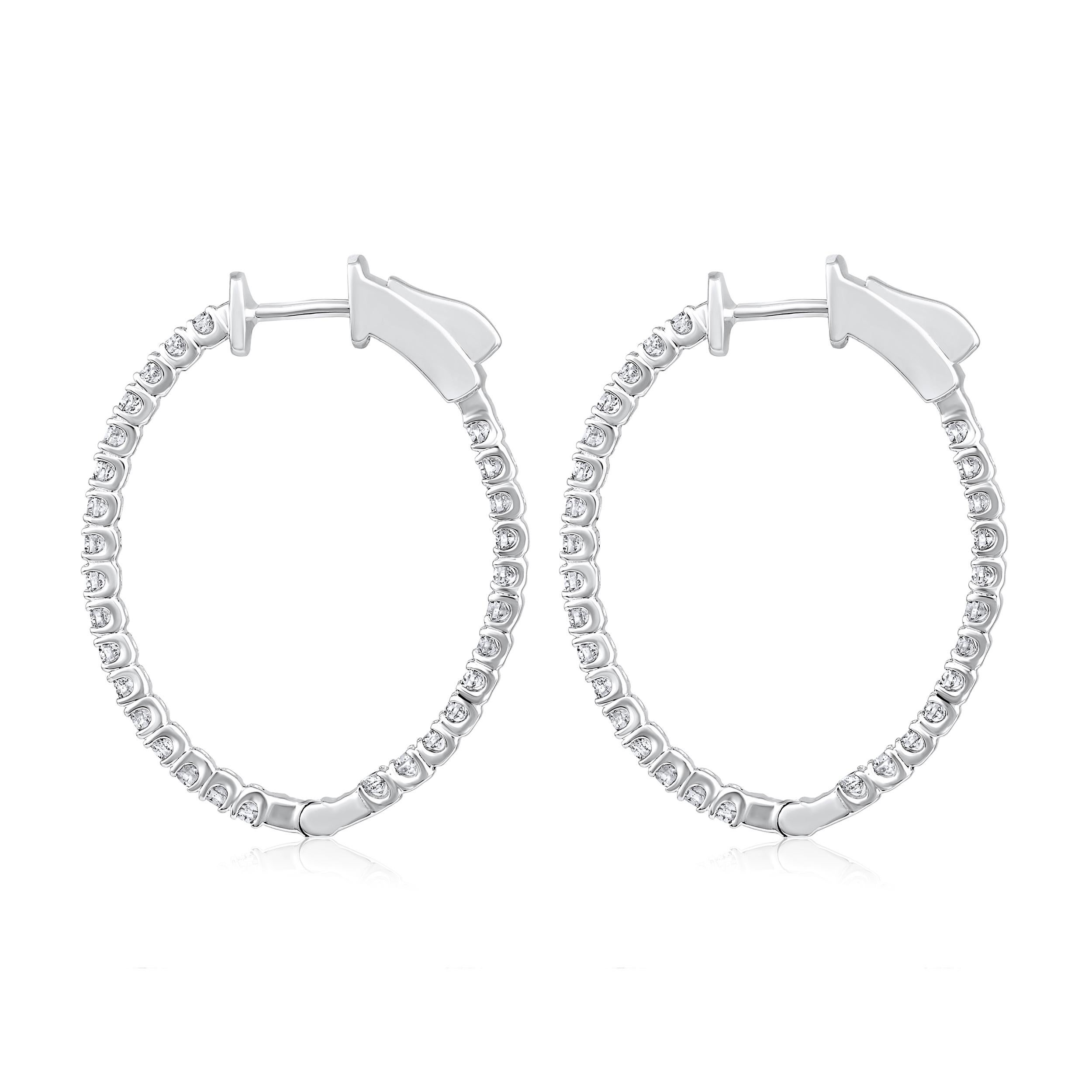 Brilliant Cut Certified 14k Gold 1 Carat Natural Diamond Oval Inside Out Hoop White Earrings For Sale