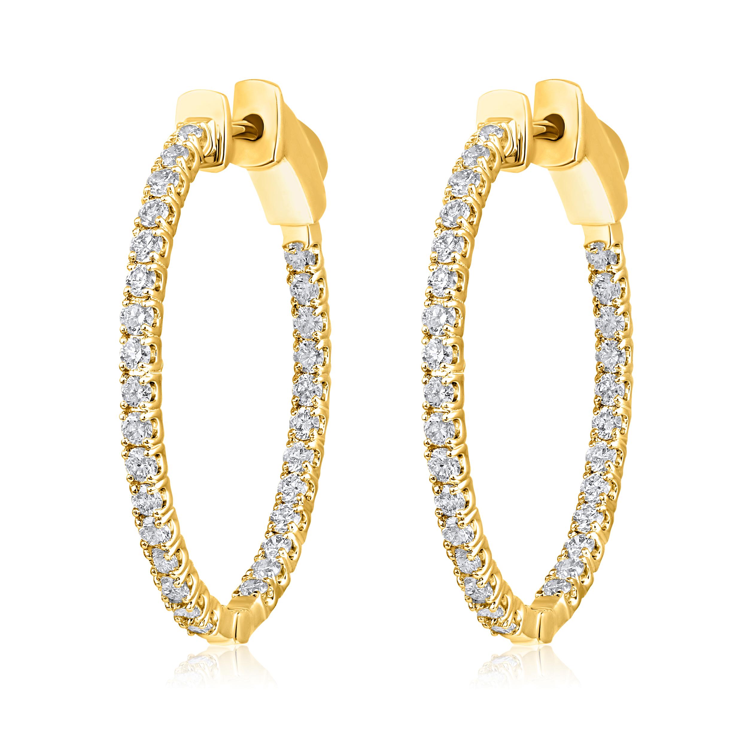 Brilliant Cut Certified 14k Gold 1 Carat Natural Diamond Oval Inside Out Hoop Yellow Earrings For Sale