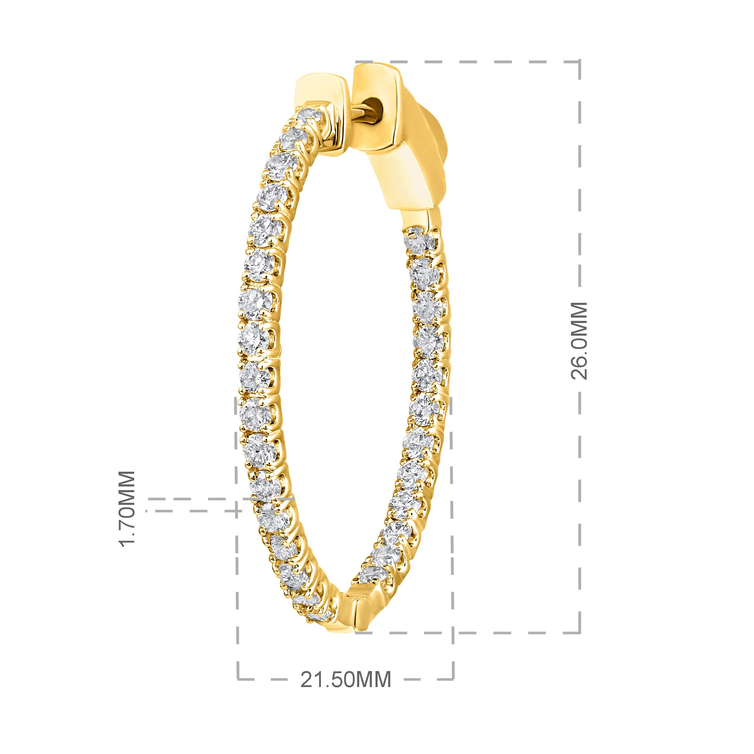Certified 14k Gold 1 Carat Natural Diamond Oval Inside Out Hoop Yellow Earrings In New Condition For Sale In Los Angeles, CA