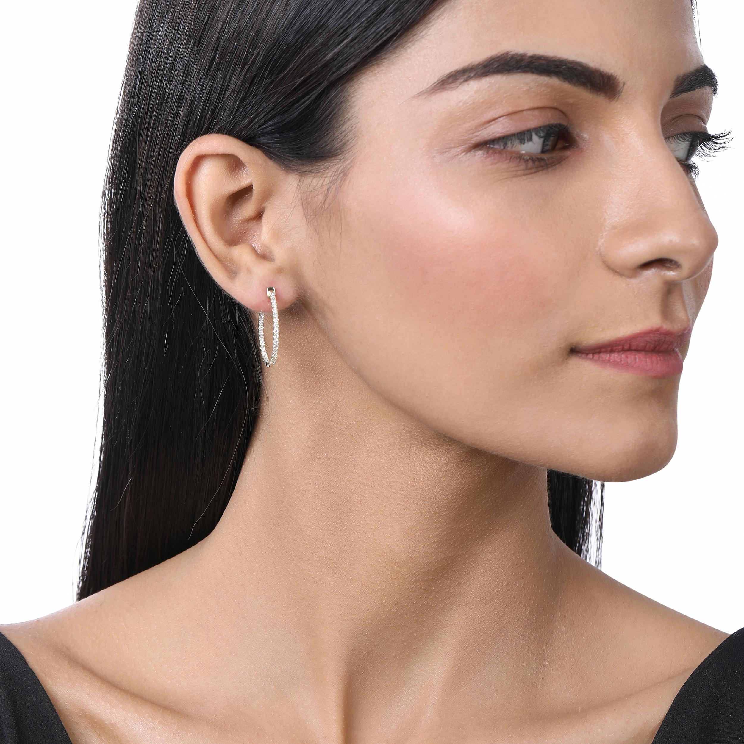Women's Certified 14k Gold 1 Carat Natural Diamond Oval Inside Out Hoop Yellow Earrings For Sale