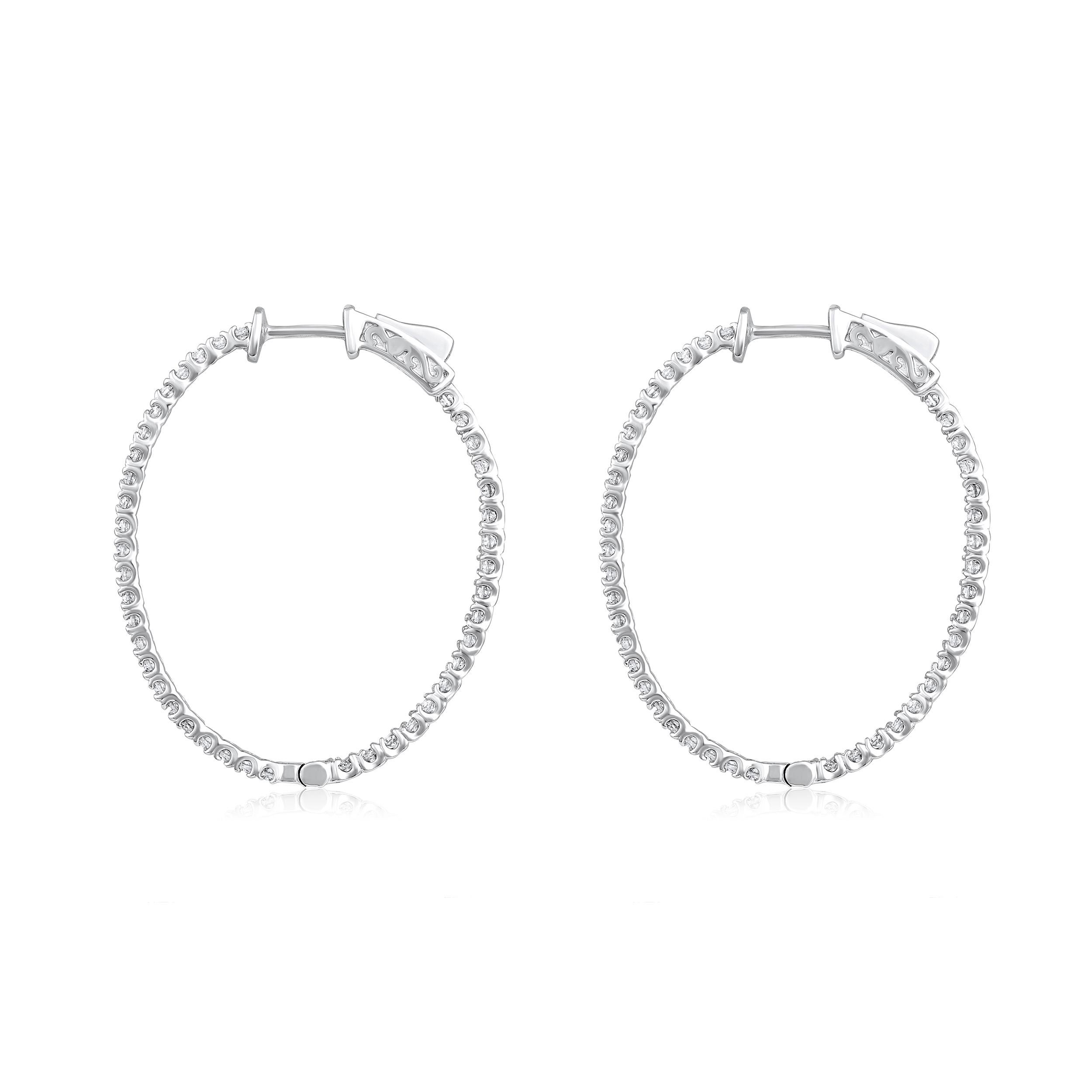 Brilliant Cut Certified 14k Gold 1 Carat Natural Diamond Oval Inside Out Hoop White Earrings For Sale