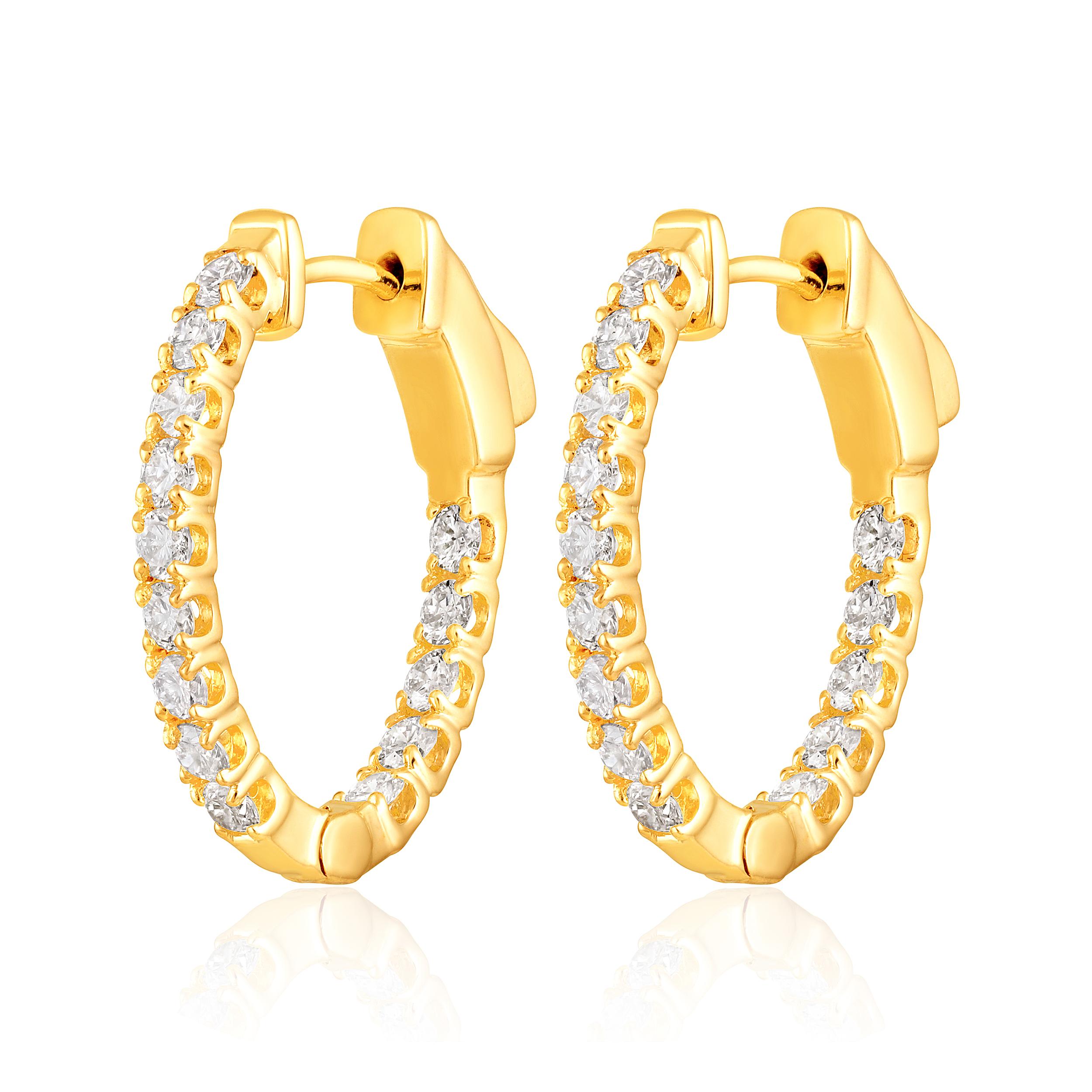 Contemporary Certified 14k Gold 1 Carat Natural Diamond Oval Inside Outside Hoop Earrings For Sale