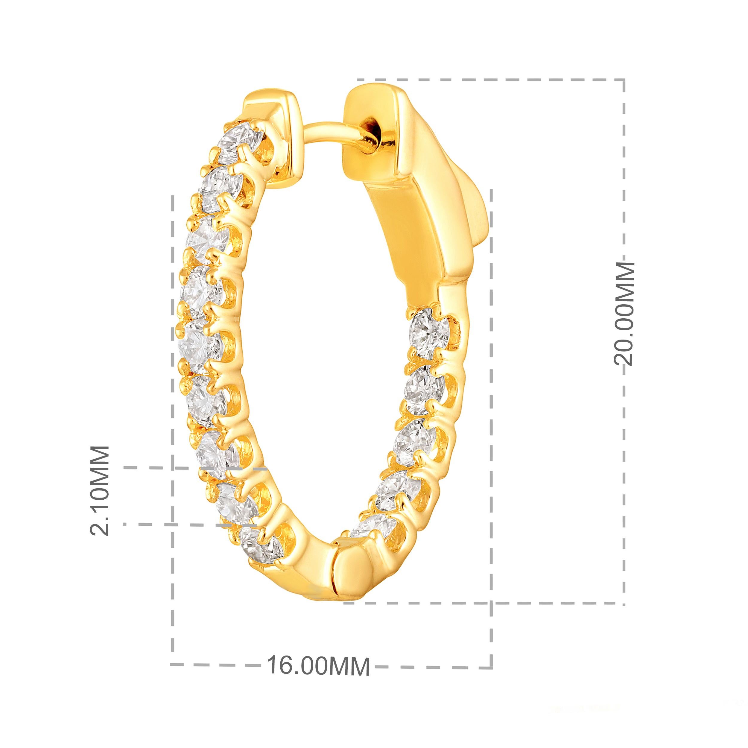 Certified 14k Gold 1 Carat Natural Diamond Oval Inside Outside Hoop Earrings In New Condition For Sale In Los Angeles, CA