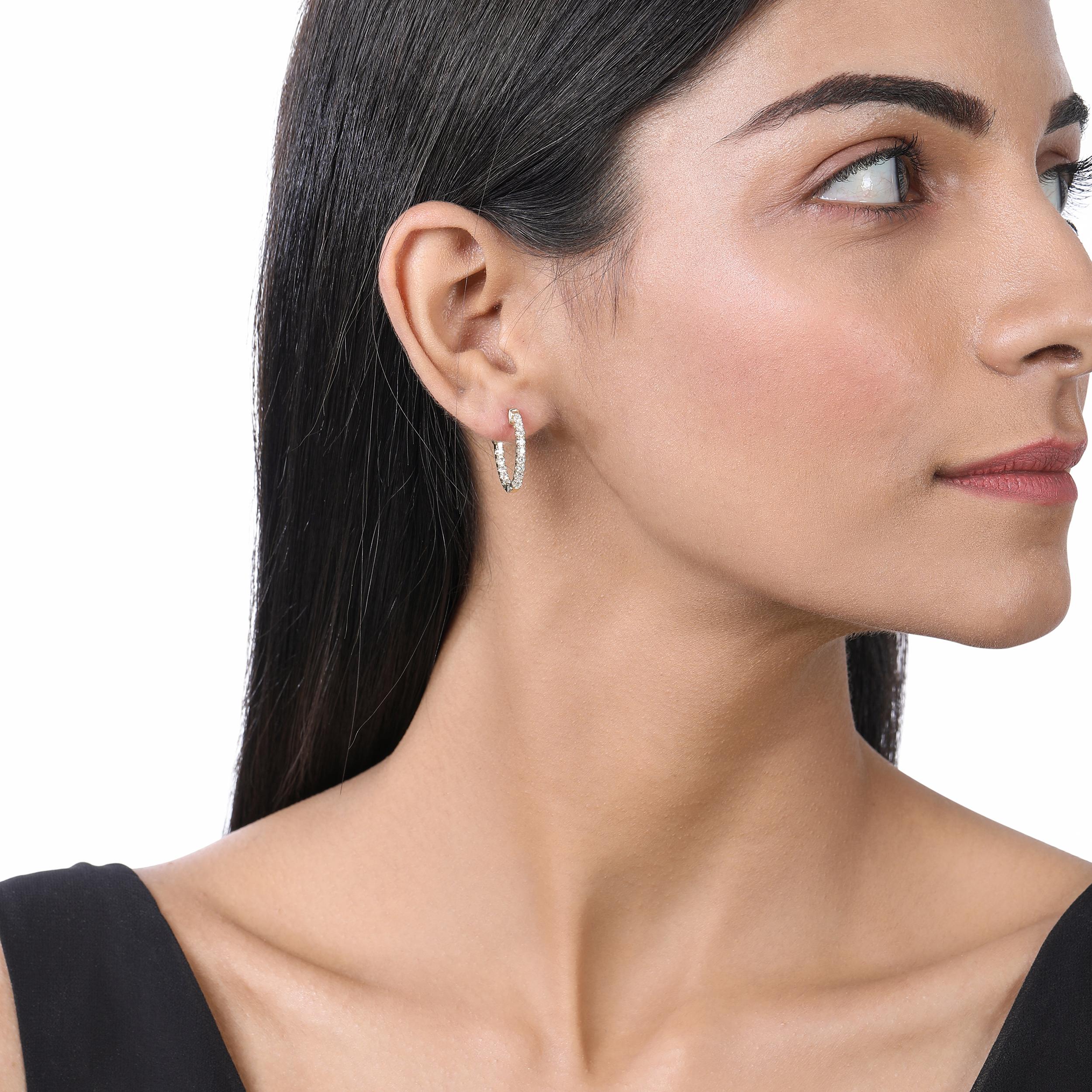 Women's Certified 14k Gold 1 Carat Natural Diamond Oval Inside Outside Hoop Earrings For Sale