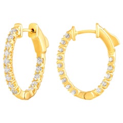 Certified 14k Gold 1 Carat Natural Diamond Oval Inside Outside Hoop Earrings