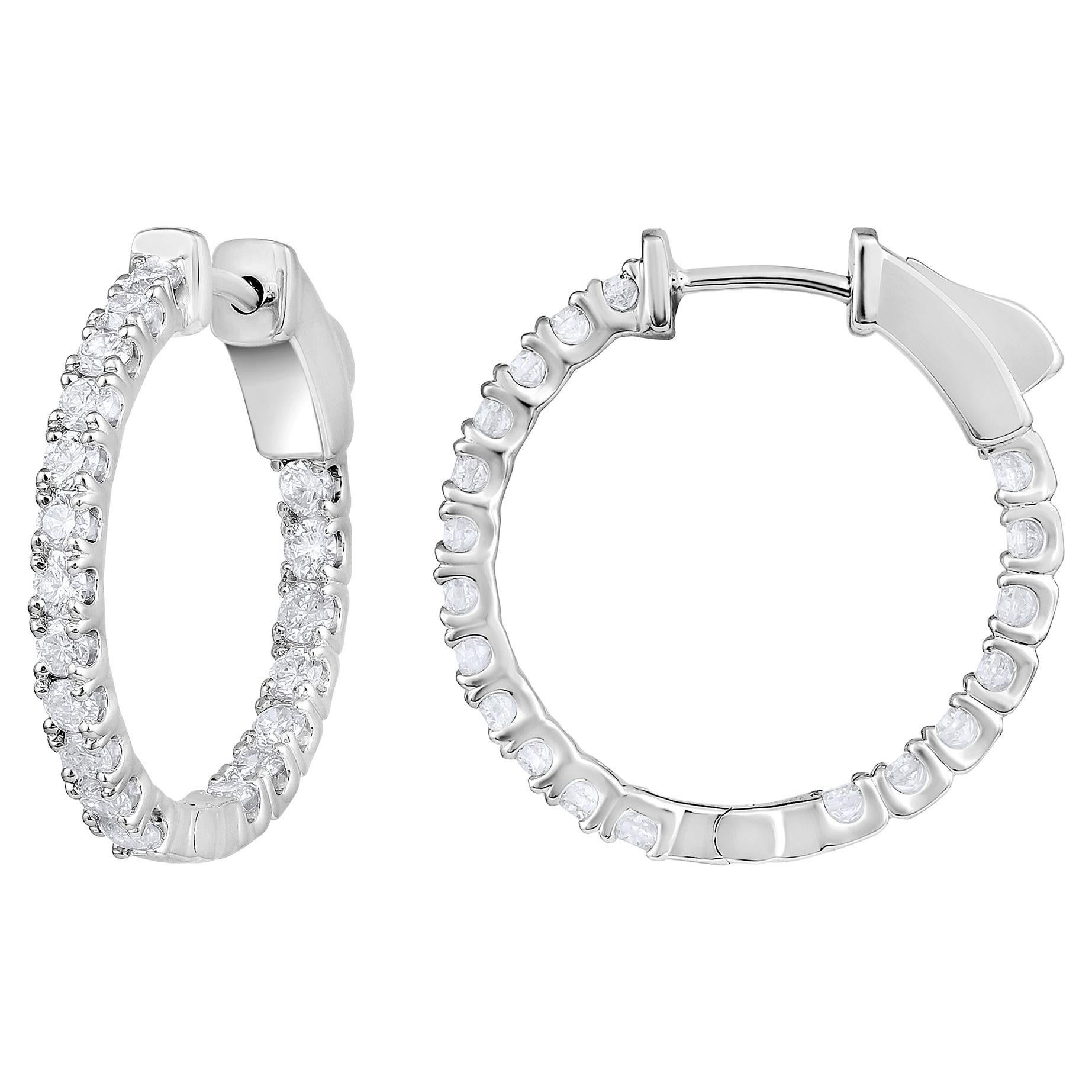 Certified 14k Gold 1 Carat Natural Diamond Round Inside Out Hoop White Earrings For Sale