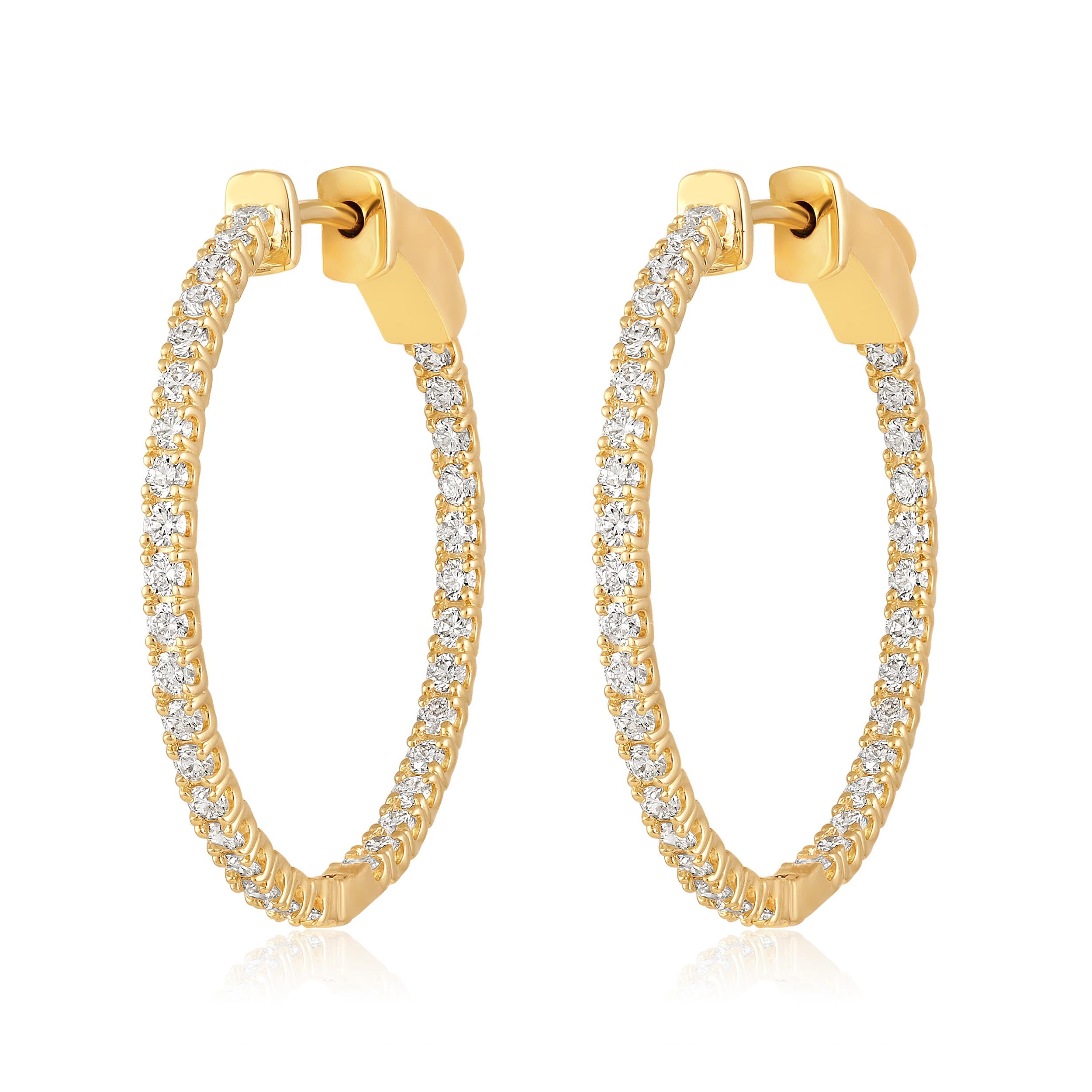 Contemporary Certified 14k Gold 1 Carat Natural Diamond Round Inside Out Hoop Earrings For Sale