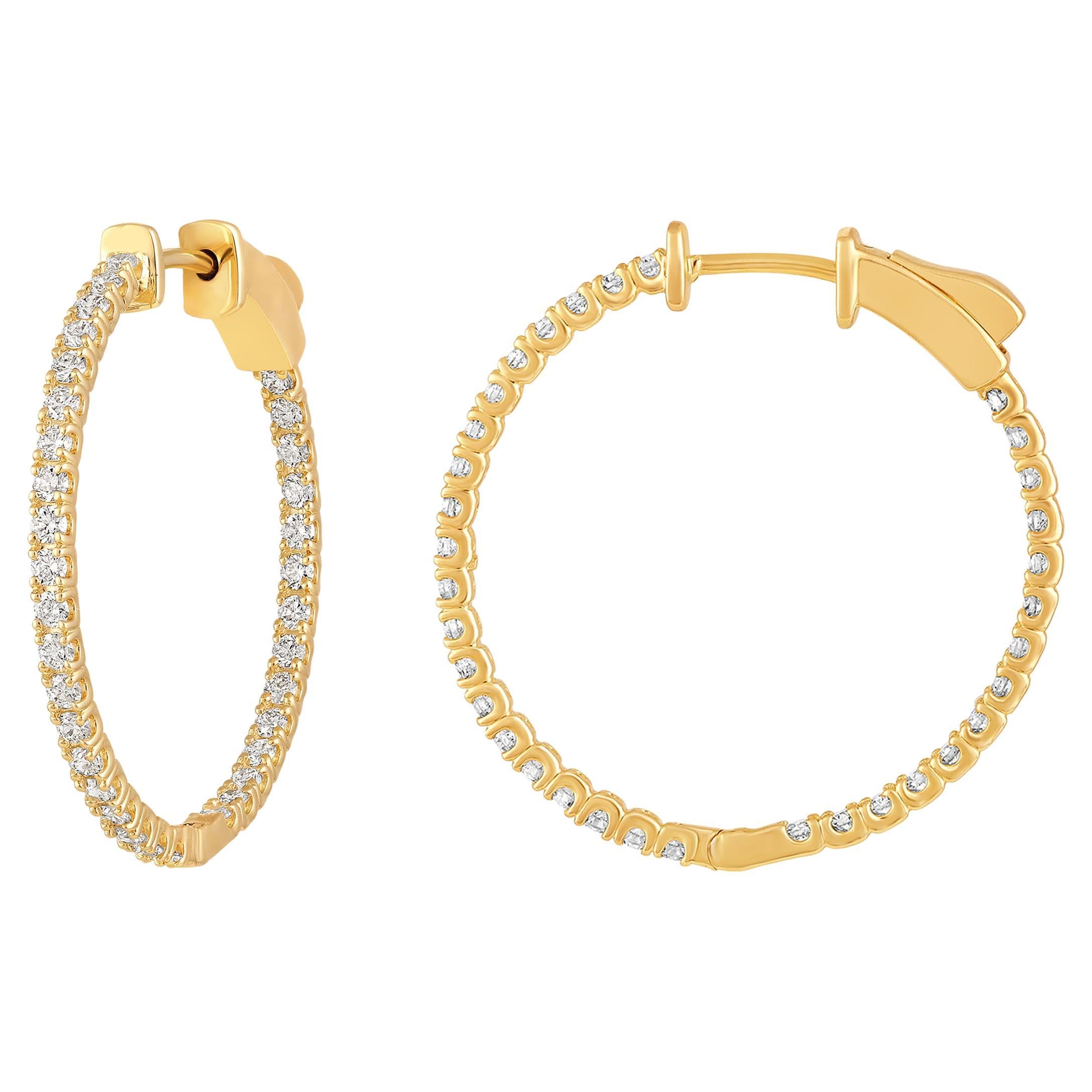 Certified 14k Gold 1 Carat Natural Diamond Round Inside Out Hoop Earrings