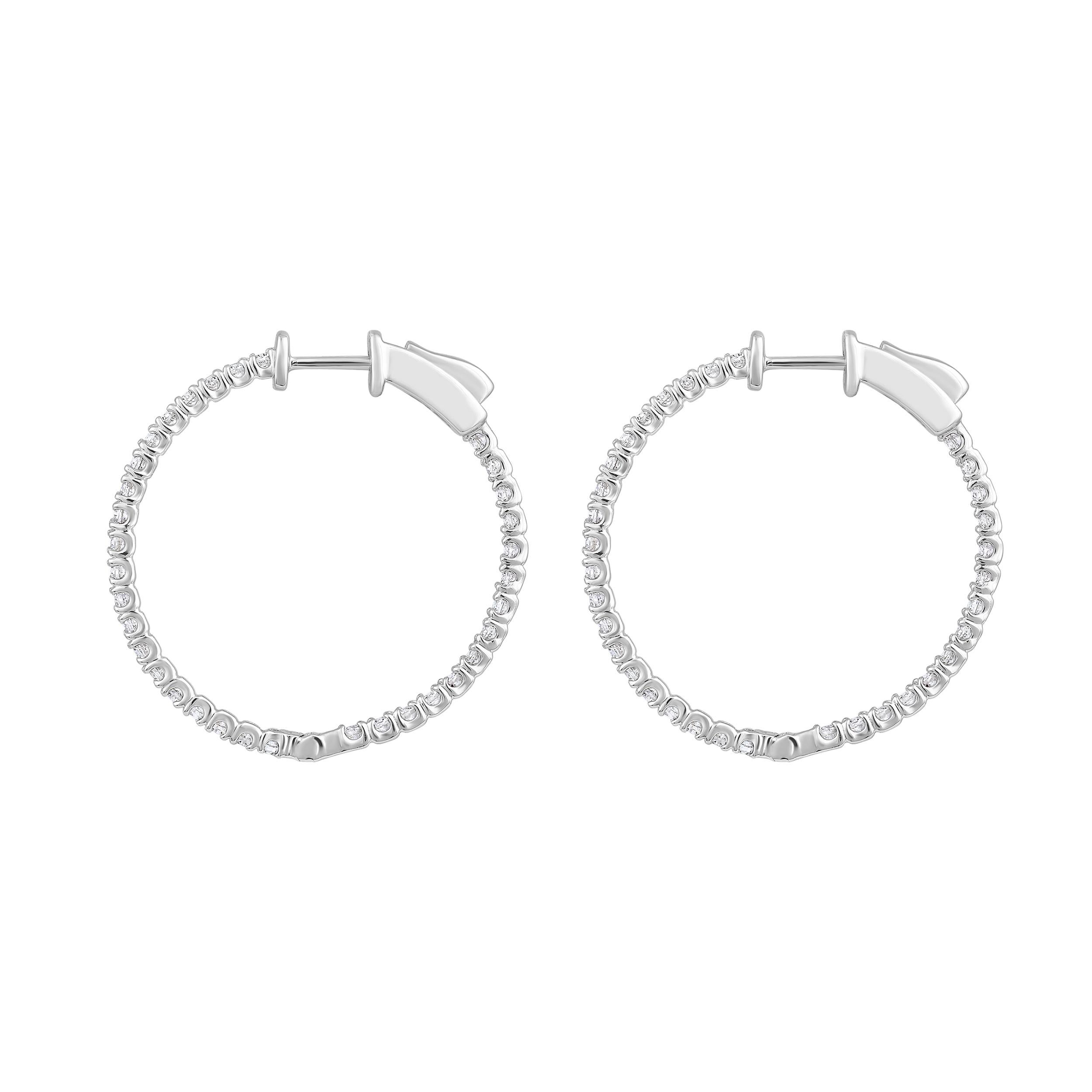 Brilliant Cut Certified 14k Gold 1 Carat Natural Diamond Round Inside Out Hoop White Earrings For Sale