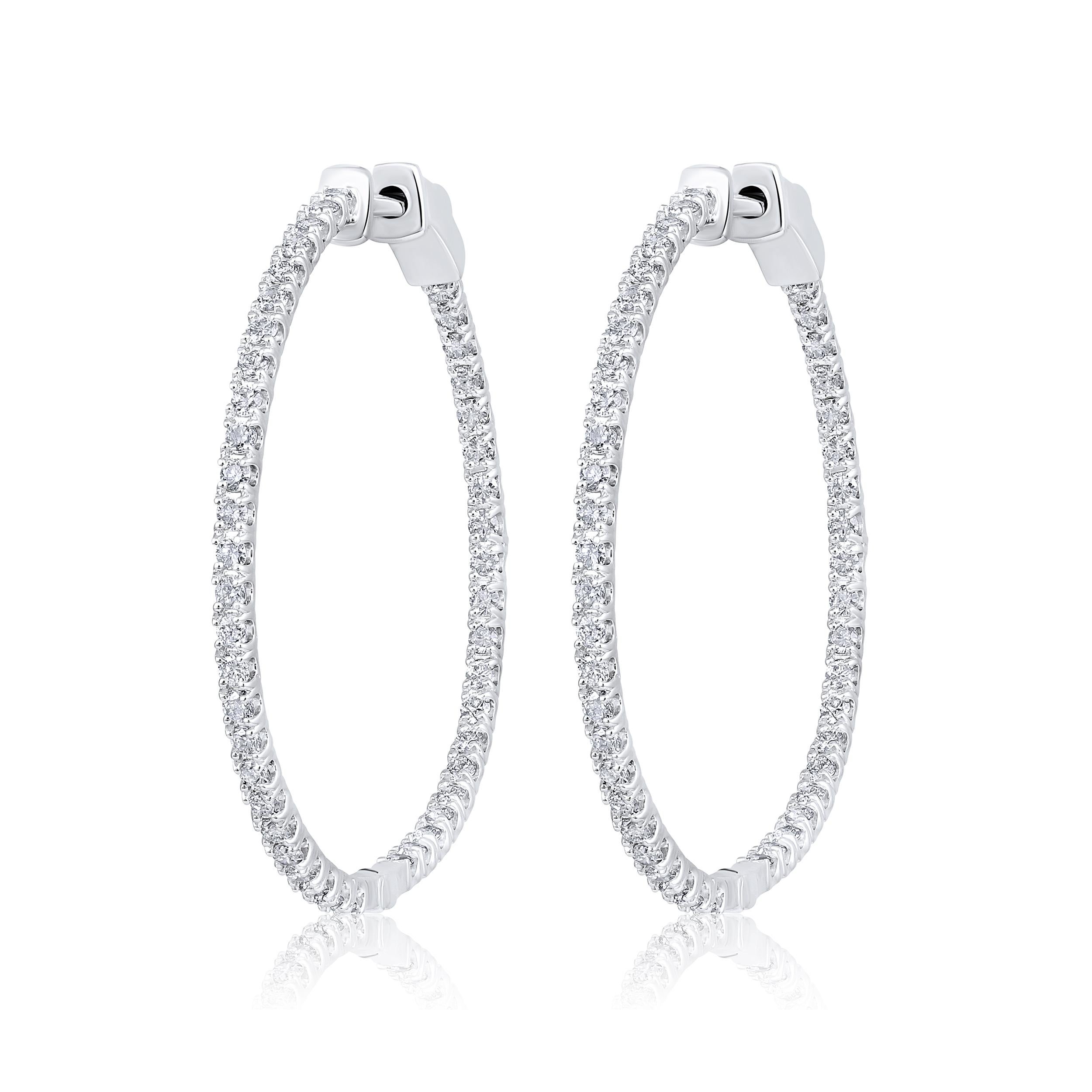 Contemporary Certified 14k Gold 1 Carat Natural Diamond Round Inside Out Hoop White Earrings For Sale