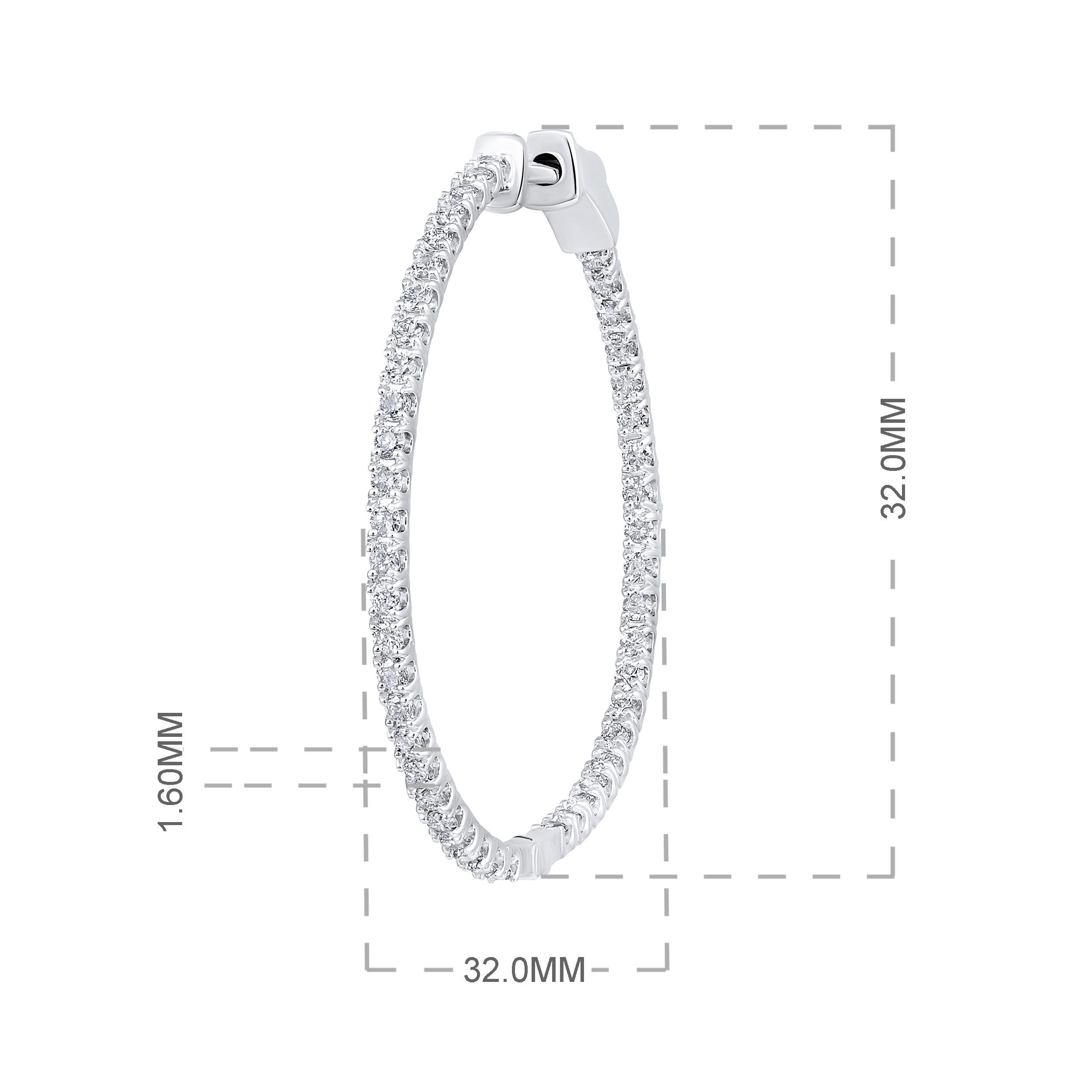 Certified 14k Gold 1 Carat Natural Diamond Round Inside Out Hoop White Earrings In New Condition For Sale In Los Angeles, CA